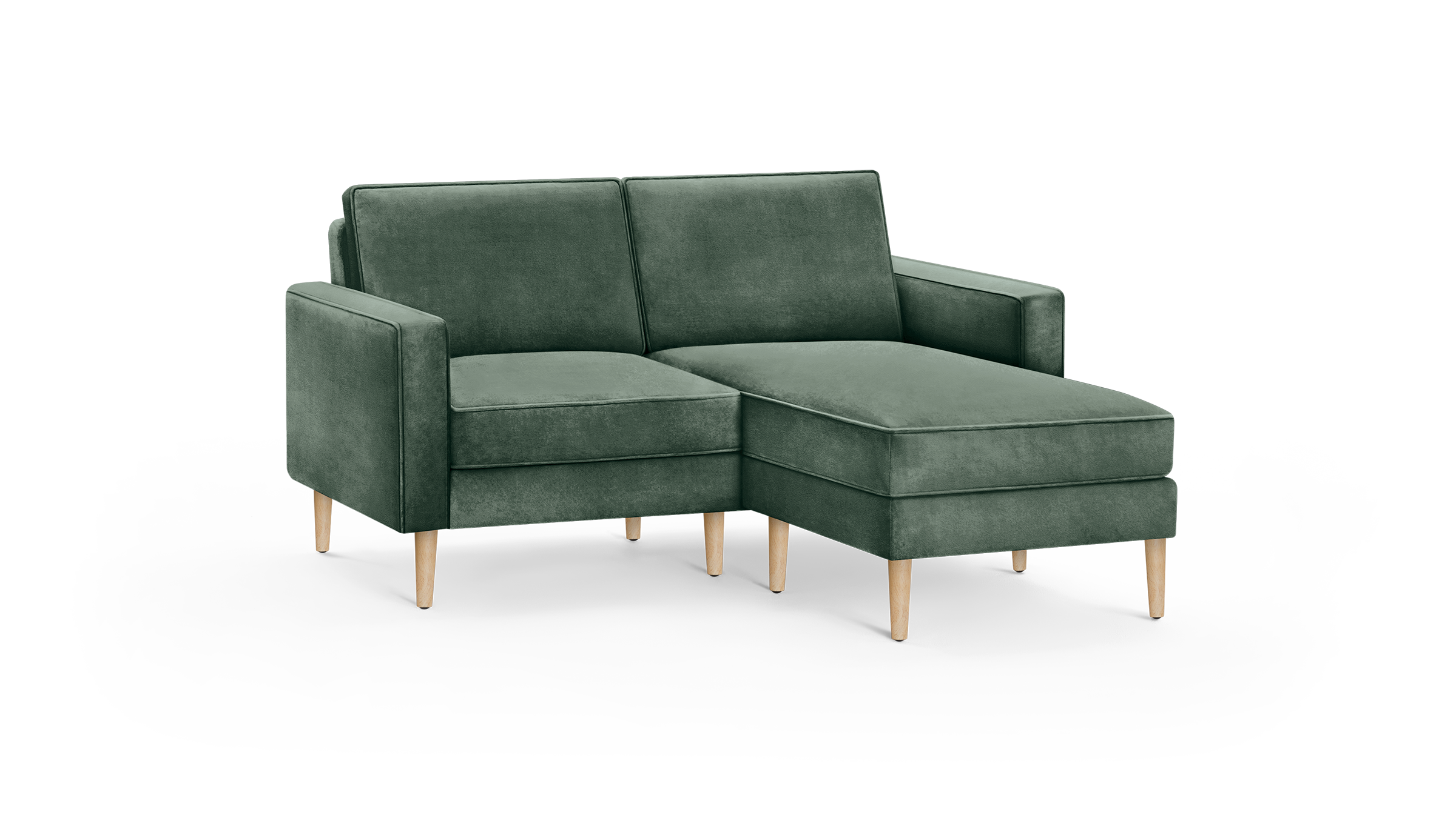 modern green velvet sectional sofa with wooden legs and matching ottoman, featuring a clean, modern design