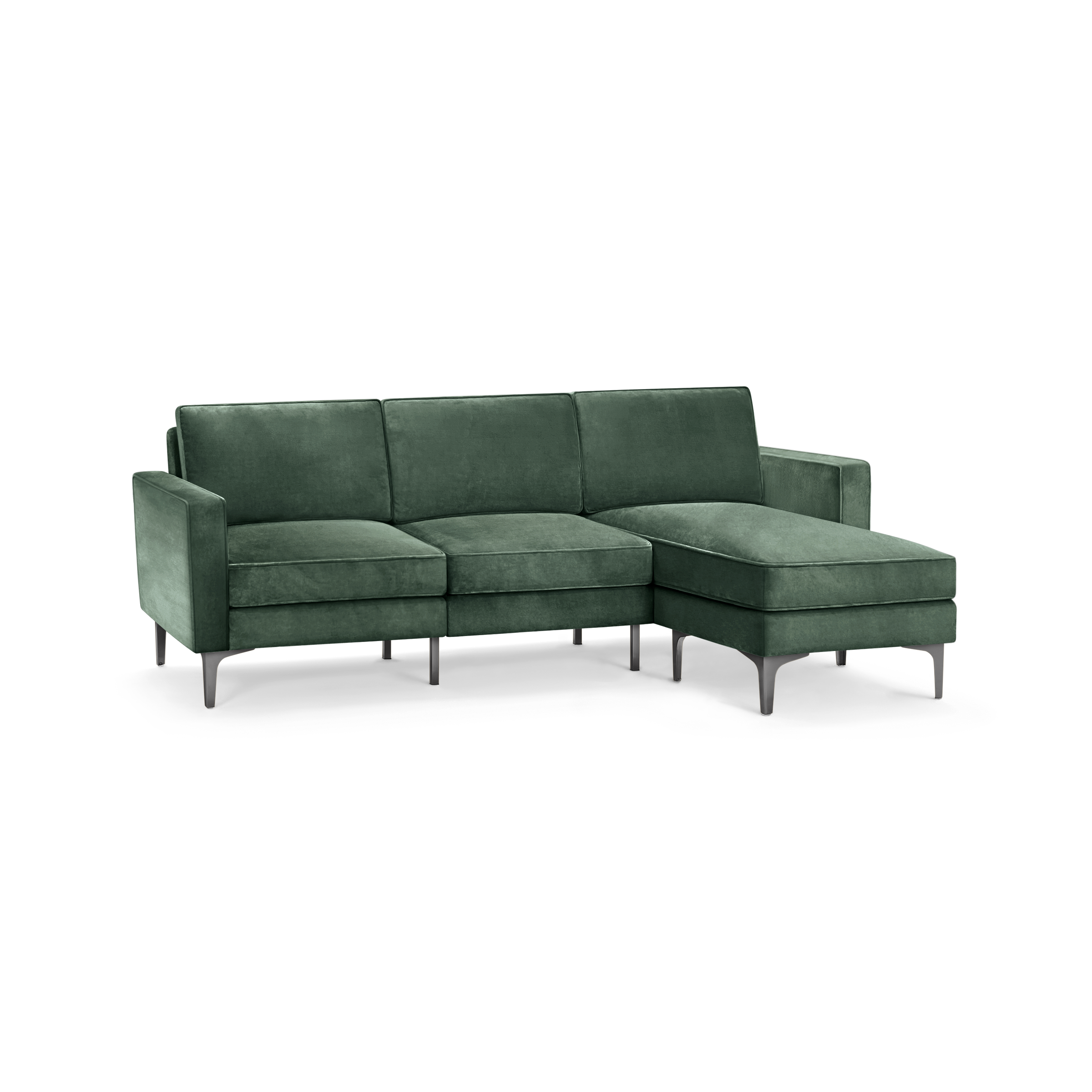 modern green velvet sectional sofa with sleek black metal legs and clean lines on the back, featuring a deep green velvet upholstery