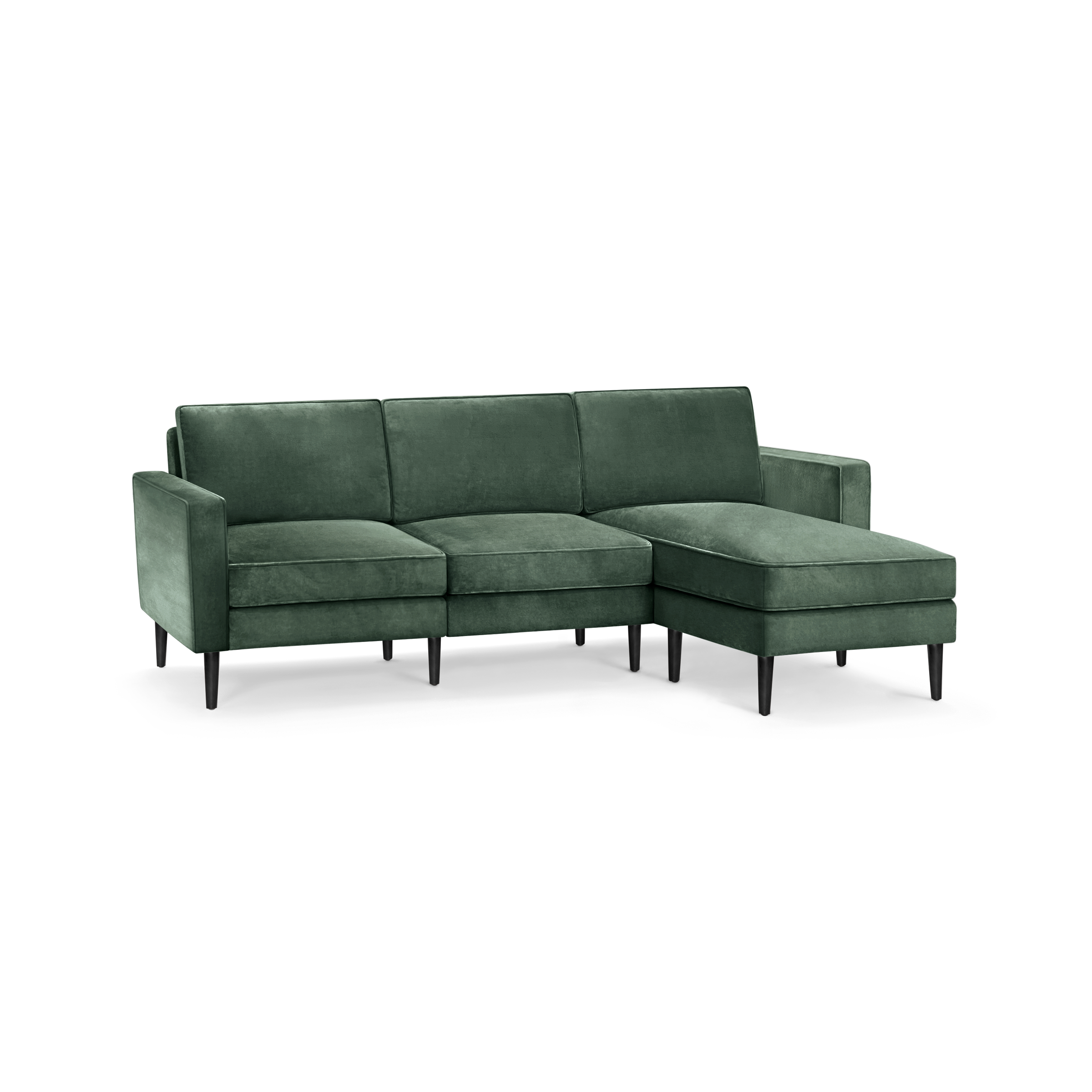 modern l - shaped sectional sofa with dark green velvet upholstery, featuring sleek black metal legs and a sleek backrest