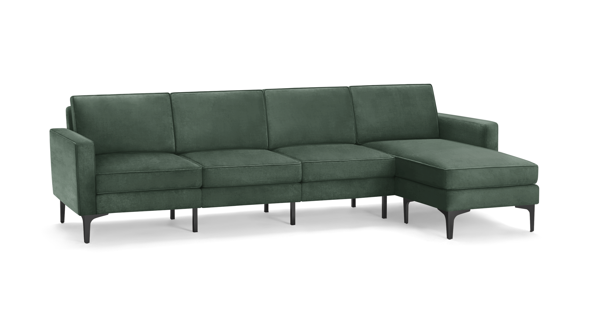 modern green velvet sectional sofa with matching ottoman, featuring sleek black metal legs and clean lines on the back