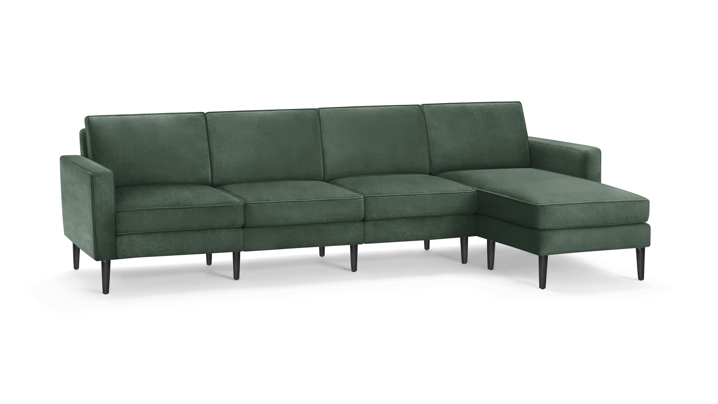 modern green velvet sectional sofa with matching ottoman, featuring tapered, tapered legs, and a matching ottoman on the right side