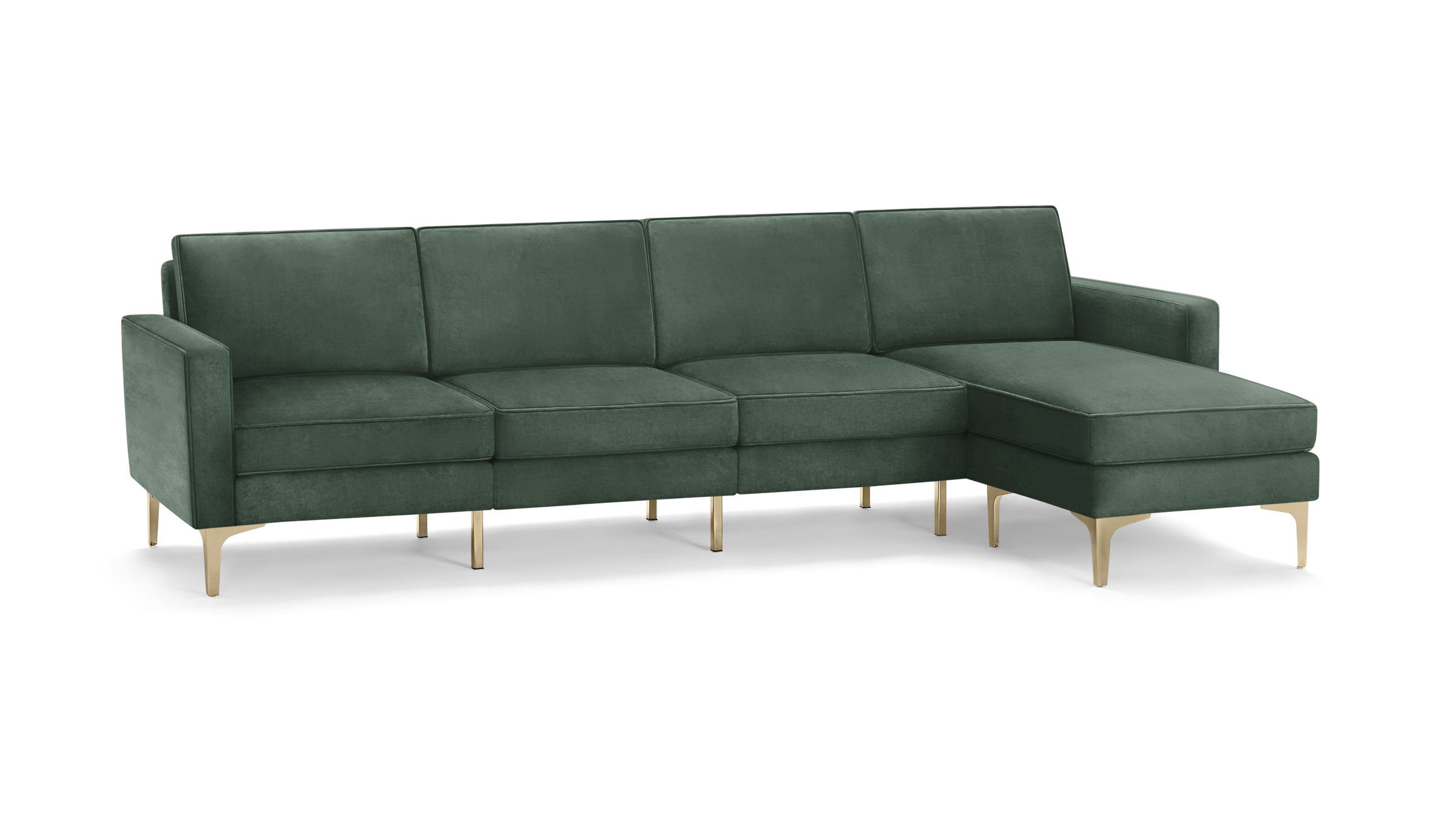 modern dark green velvet sectional sofa with matching ottoman, featuring tapered wooden legs and clean lines on the back