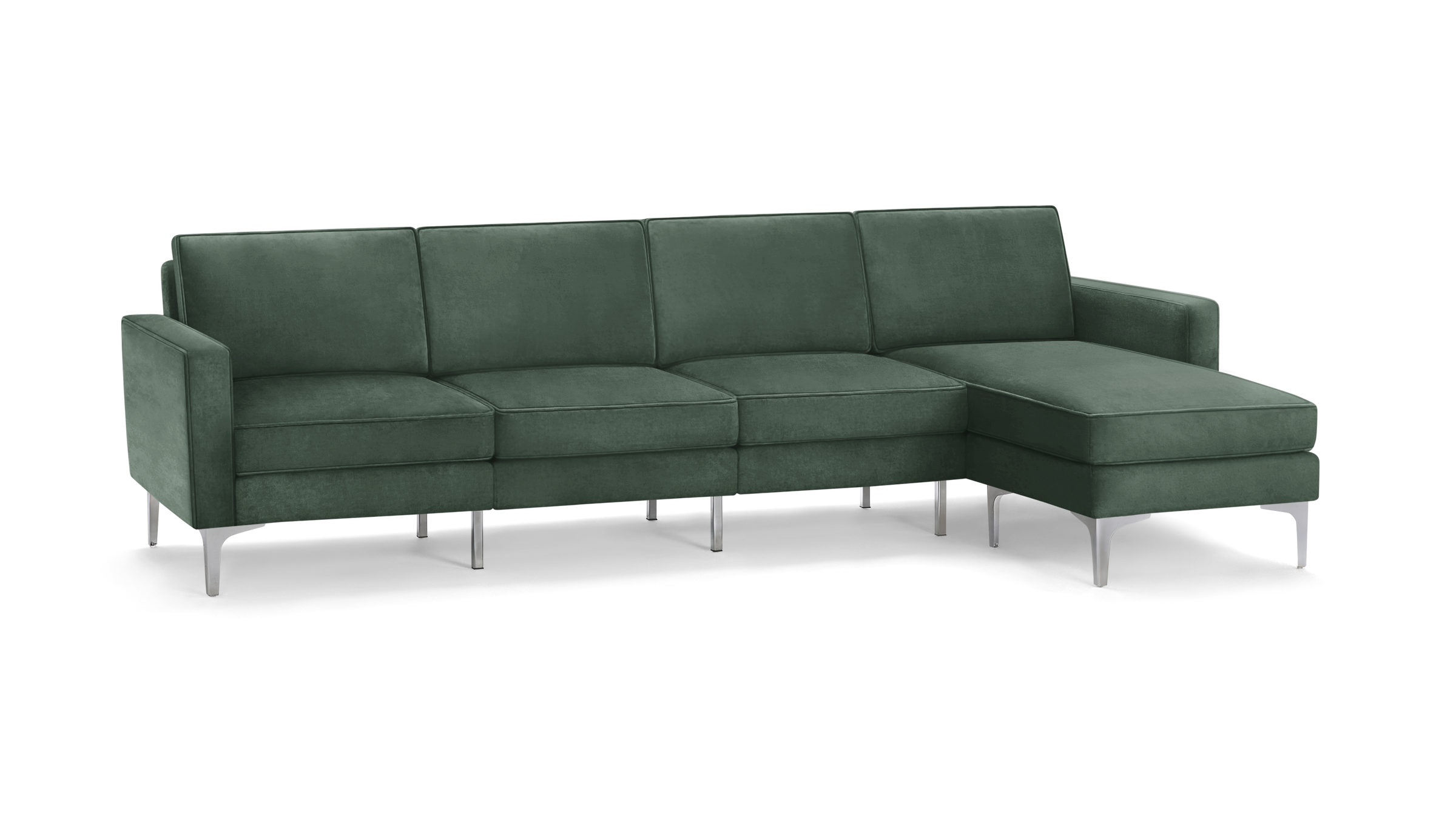 modern green velvet sectional sofa with chaise lounge and matching ottoman, featuring sleek metal legs and sleek design
