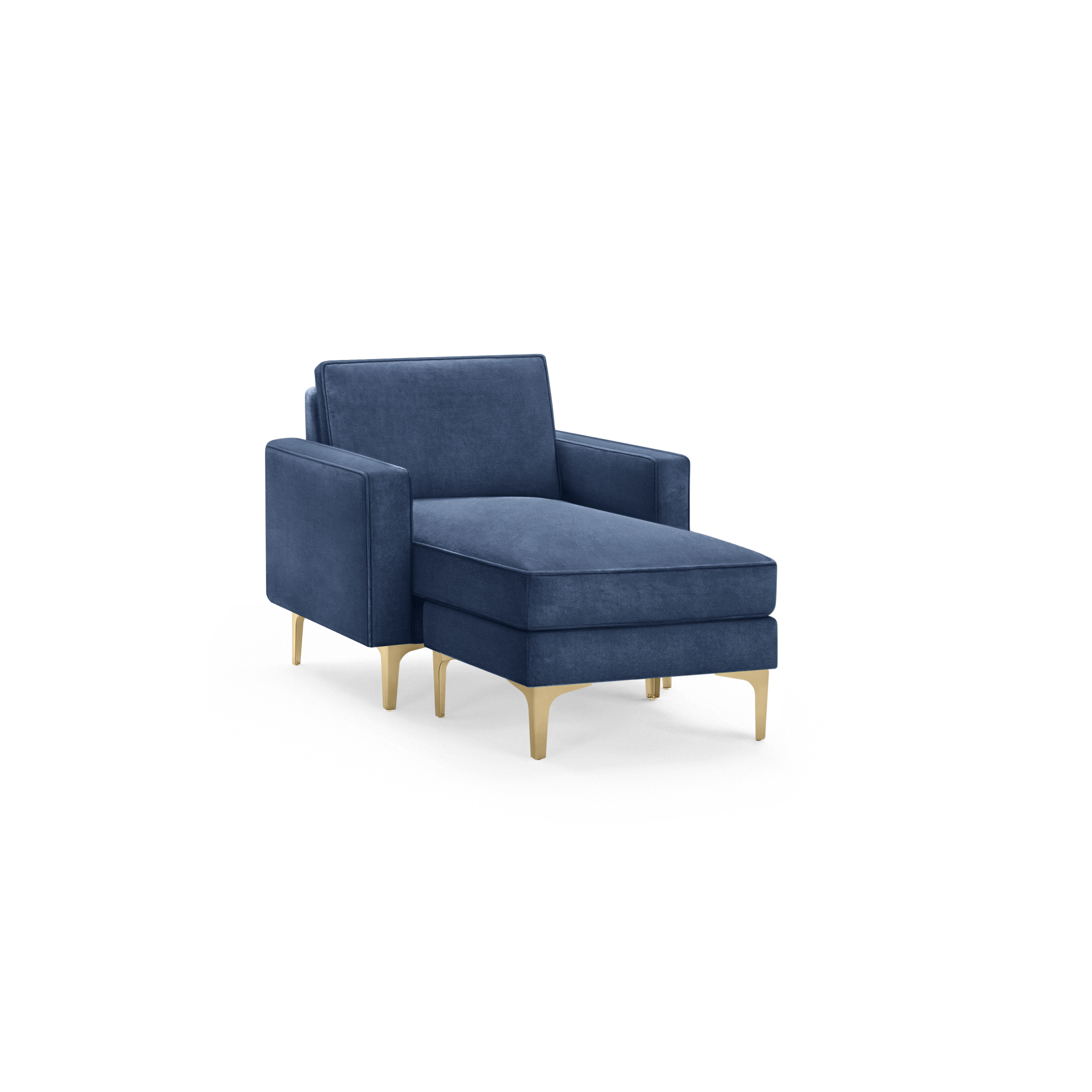 modern blue upholstered armchair with gold legs and a matching ottoman, designed for comfort and relaxation