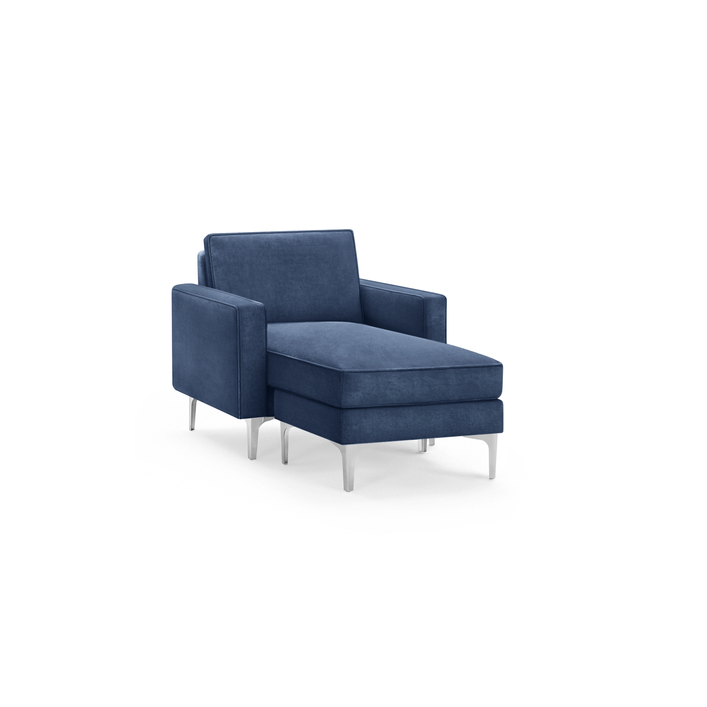 modern blue upholstered chaise lounge chair with sleek metal legs and sleek cushioned backrests, designed for comfort and relaxation