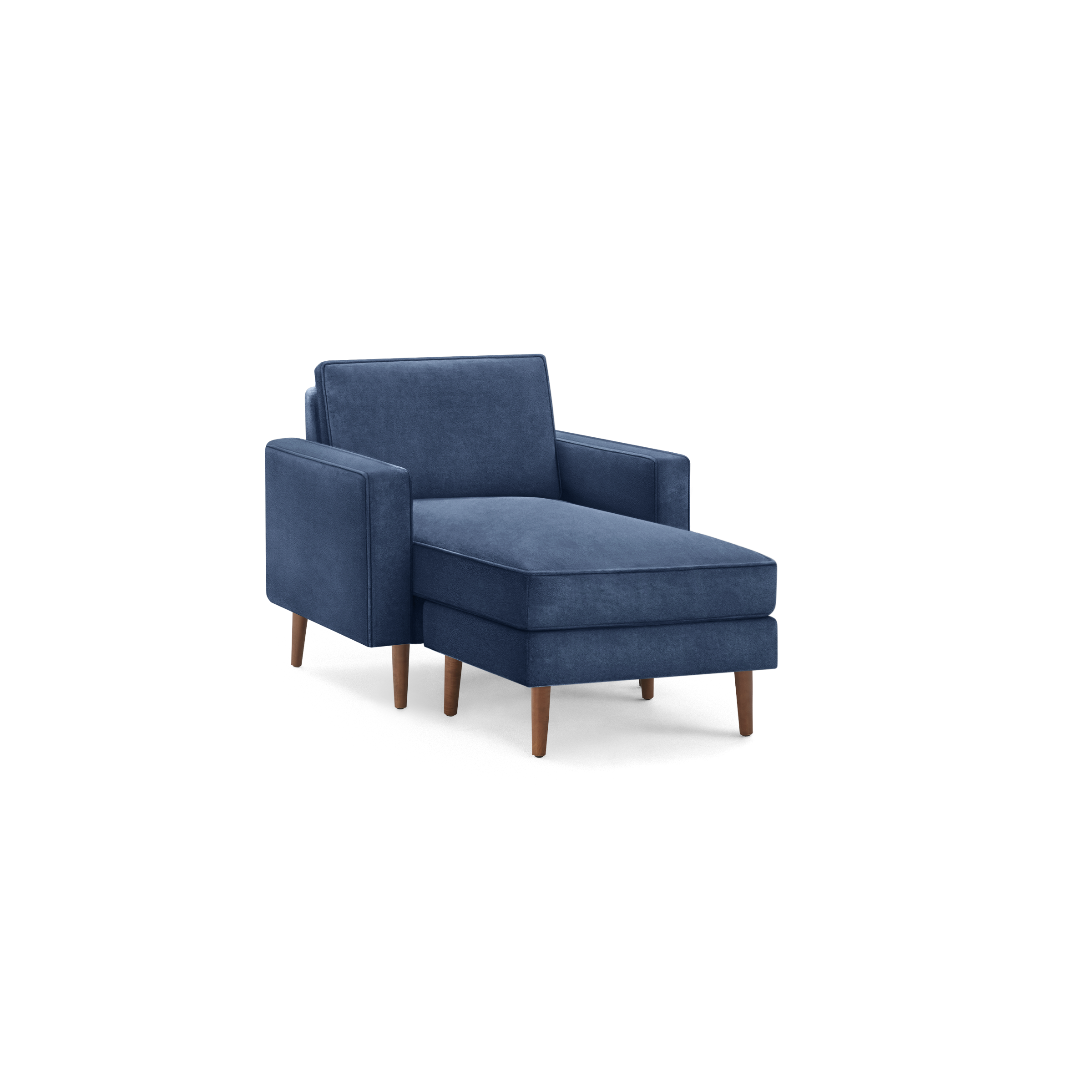modern blue upholstered armchair with wooden legs and a deep cushioned seat, designed for comfort and relaxation