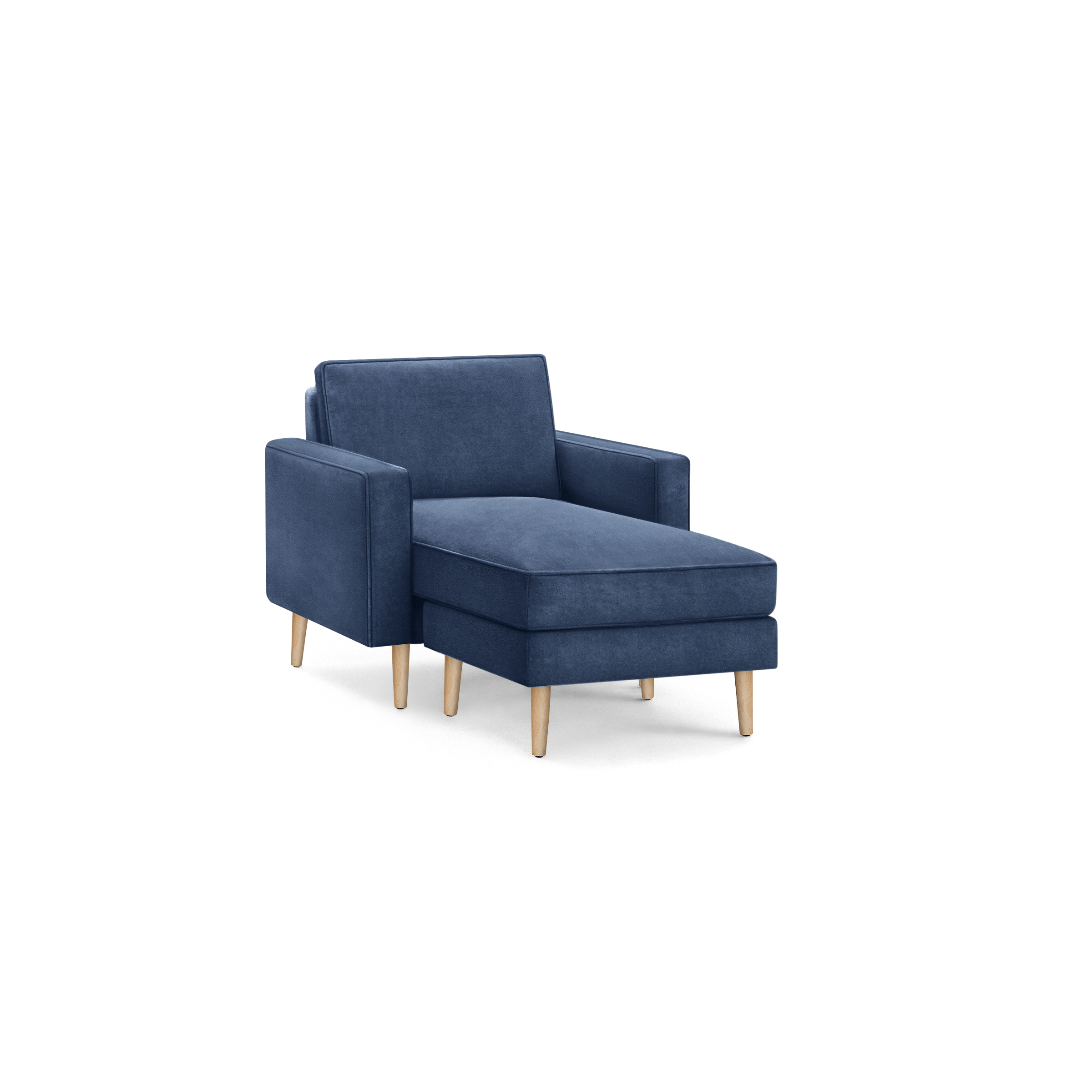 modern navy blue upholstered armchair with wooden legs and a sleek backrest, featuring a deep - navy blue upholstered armchair