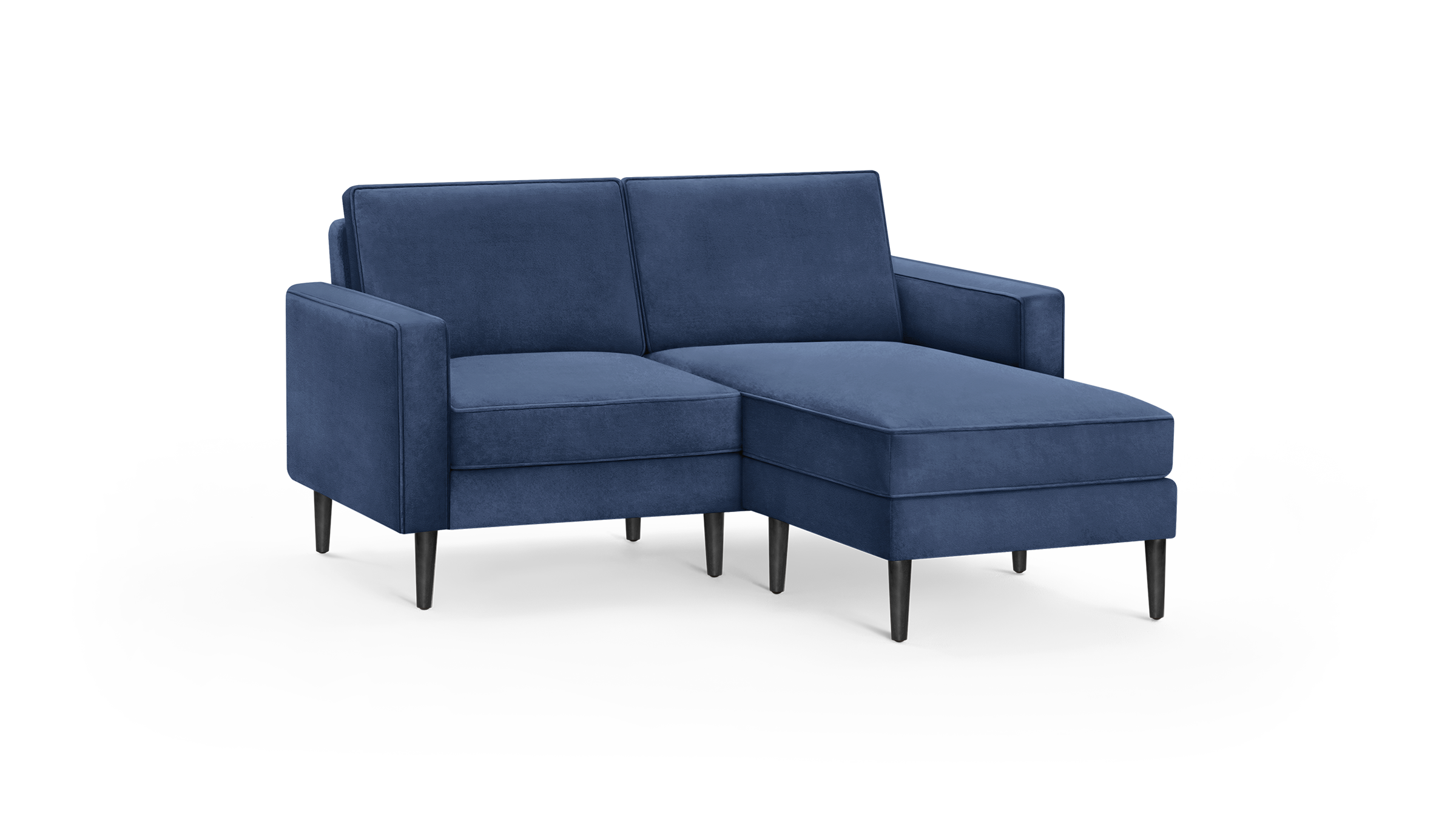 modern navy blue sectional sofa with black legs and matching ottoman, featuring a sleek design and clean lines