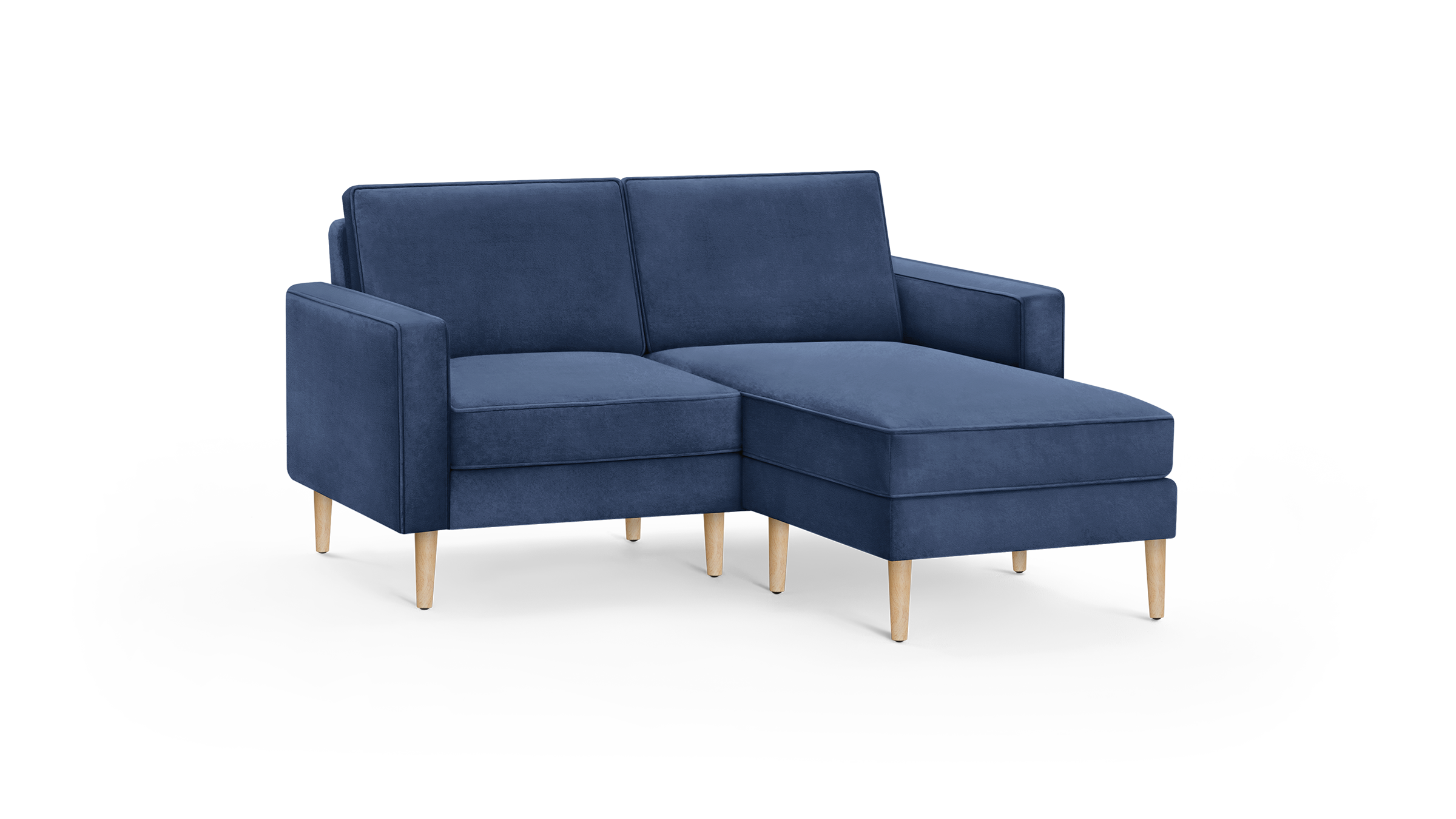 modern navy blue fabric sectional sofa with wooden legs and matching ottoman, featuring a clean, modern design