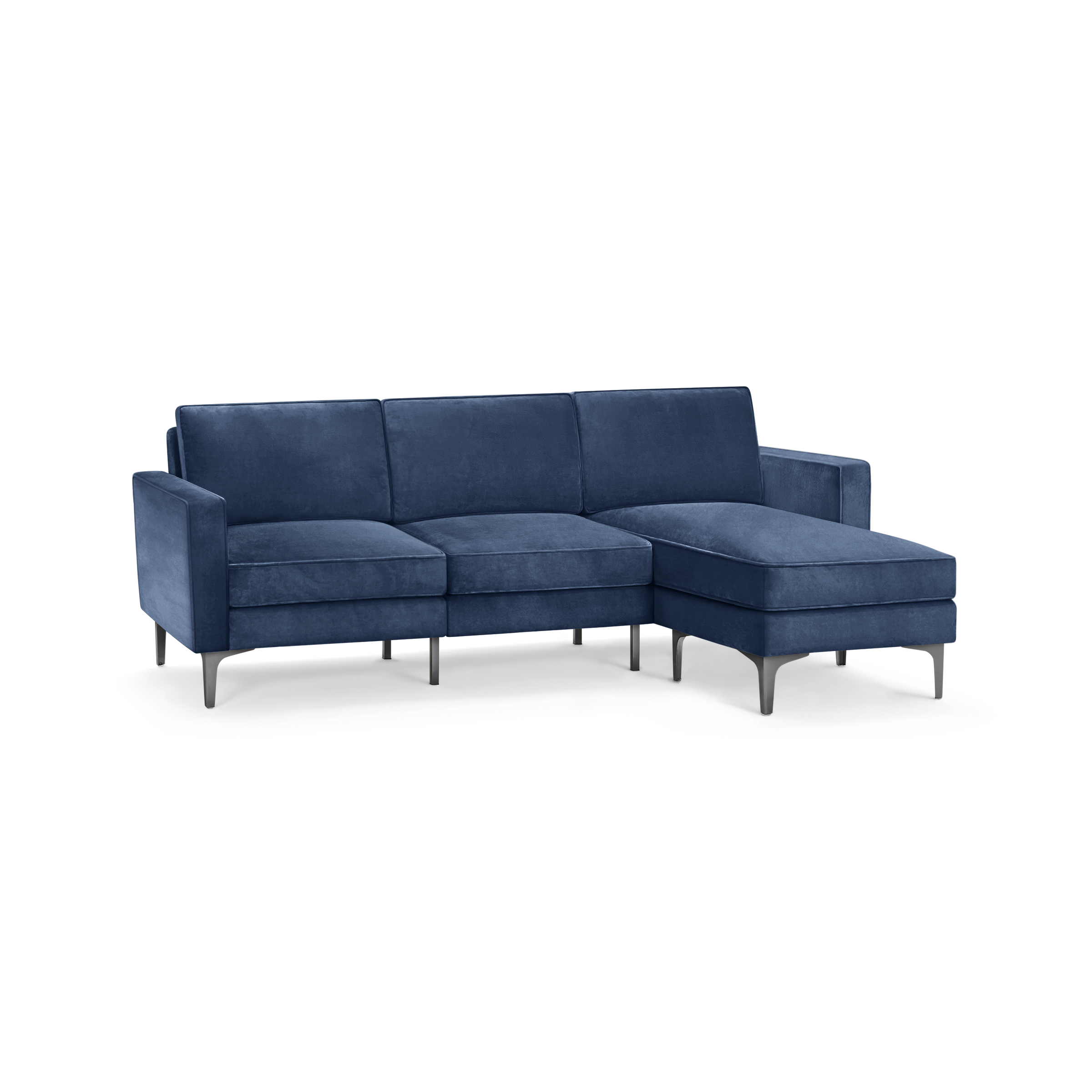 modern blue velvet sectional sofa with metal legs and clean lines on the back, featuring a deep blue upholstery sofa and matching ottoman