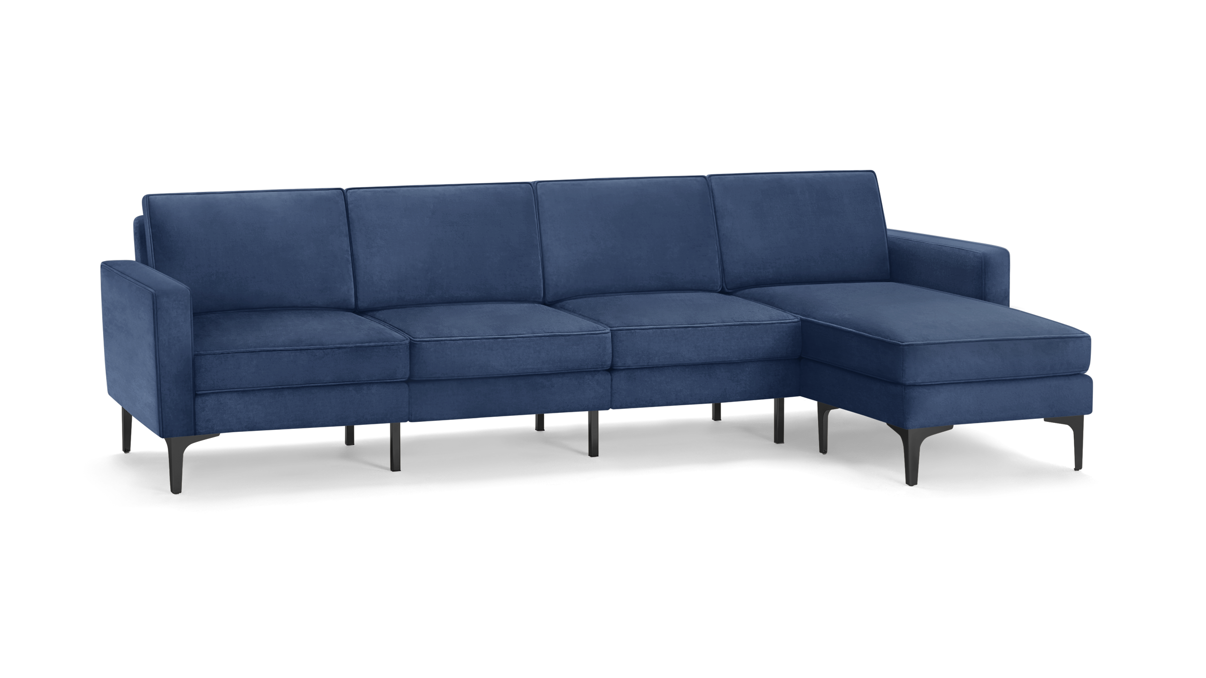modern blue velvet sectional sofa with chaise lounge and matching ottoman, featuring sleek black metal legs, and clean lines on the back