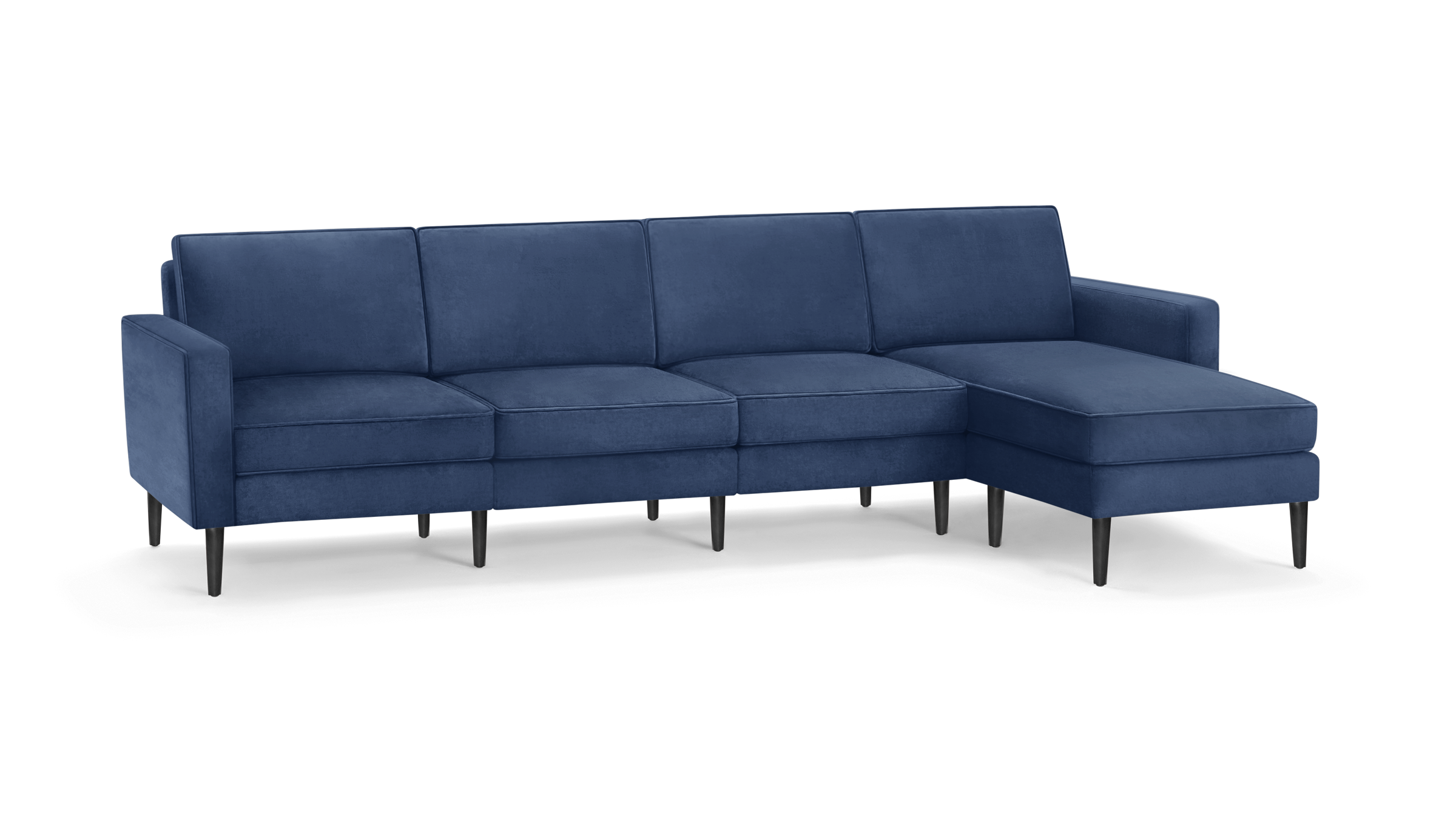modern navy blue velvet sectional sofa with chaise lounge and matching ottoman, featuring sleek black metal legs, and clean lines