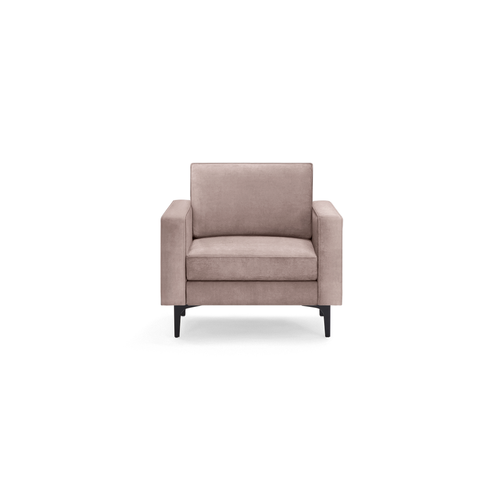 modern beige armchair with black legs and a deep cushioned seat, featuring a sleek design and sleek lines