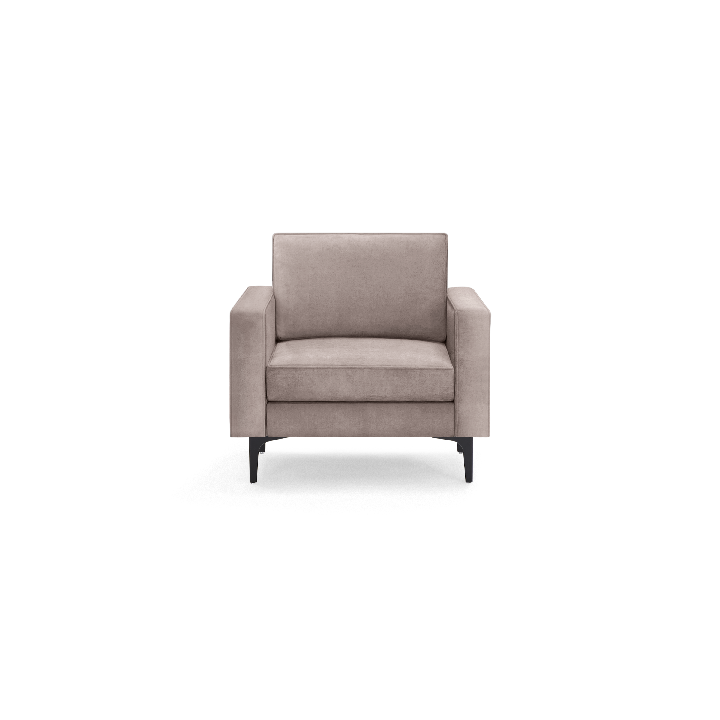 modern beige armchair with black legs and a deep cushioned seat, featuring a sleek design and sleek lines