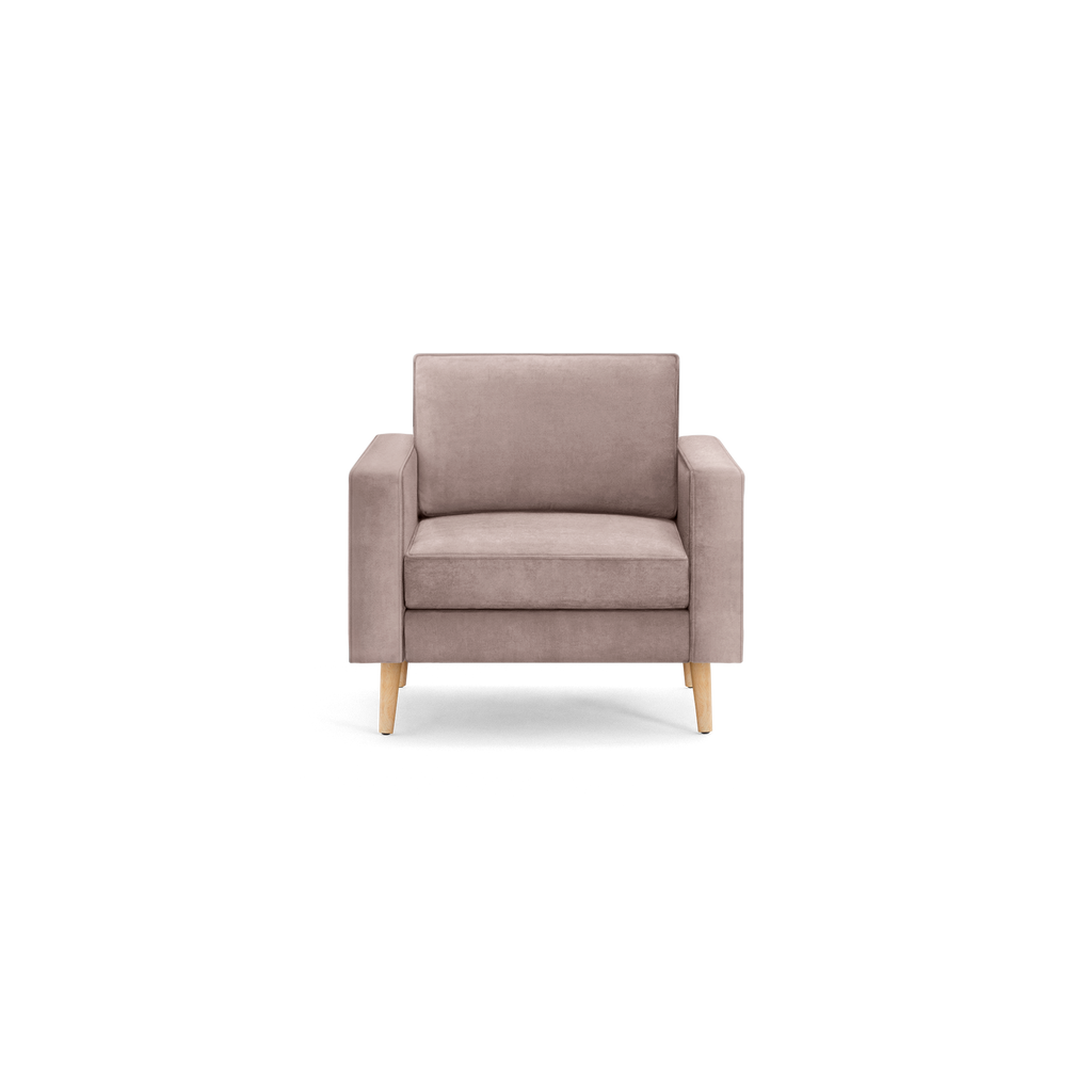 modern light gray velvet armchair with wooden legs and backrests, featuring a rounded cushioned seat and backrest, featuring a wooden tapered