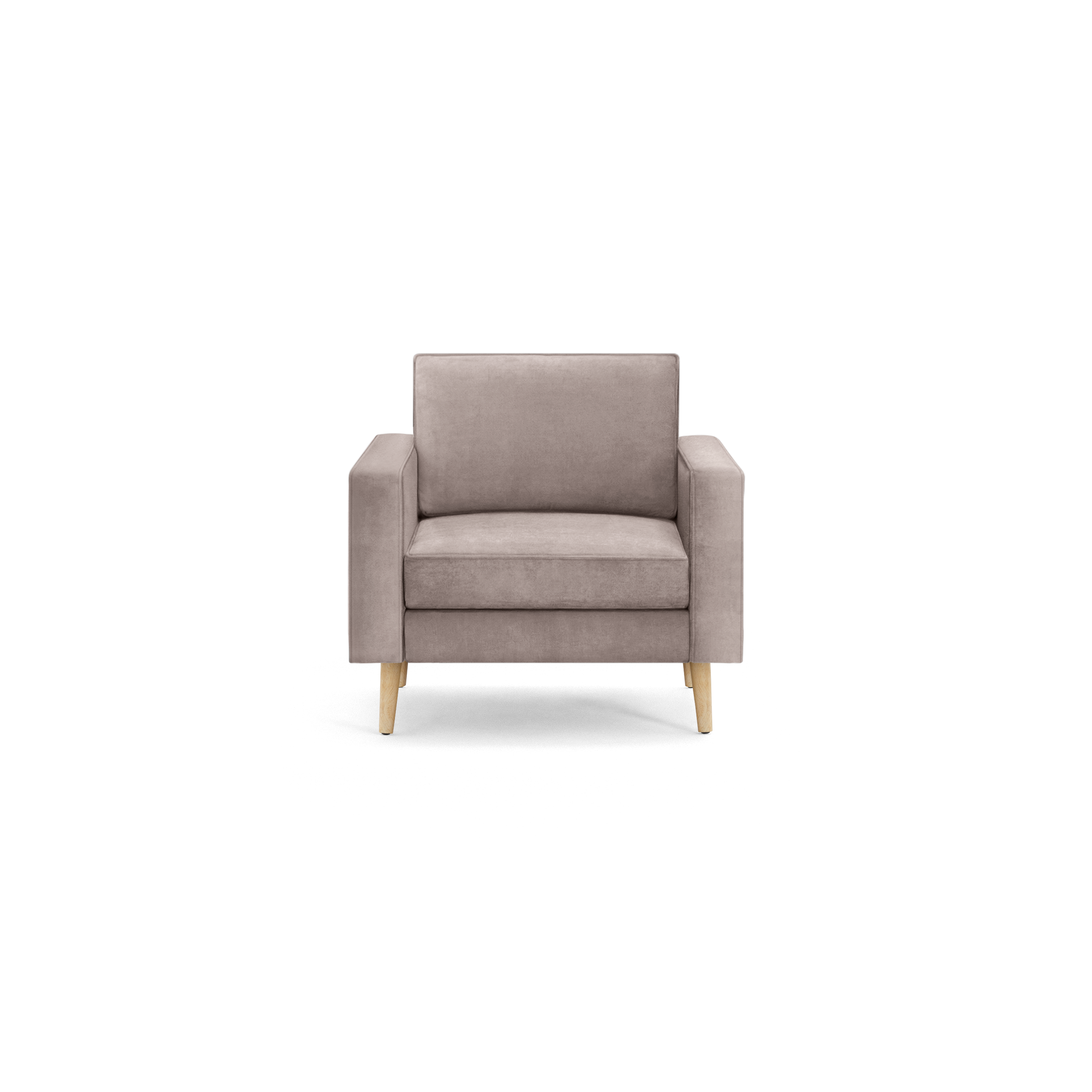 modern light gray velvet armchair with wooden legs and backrests, featuring a rounded cushioned seat and backrest, featuring a wooden tapered