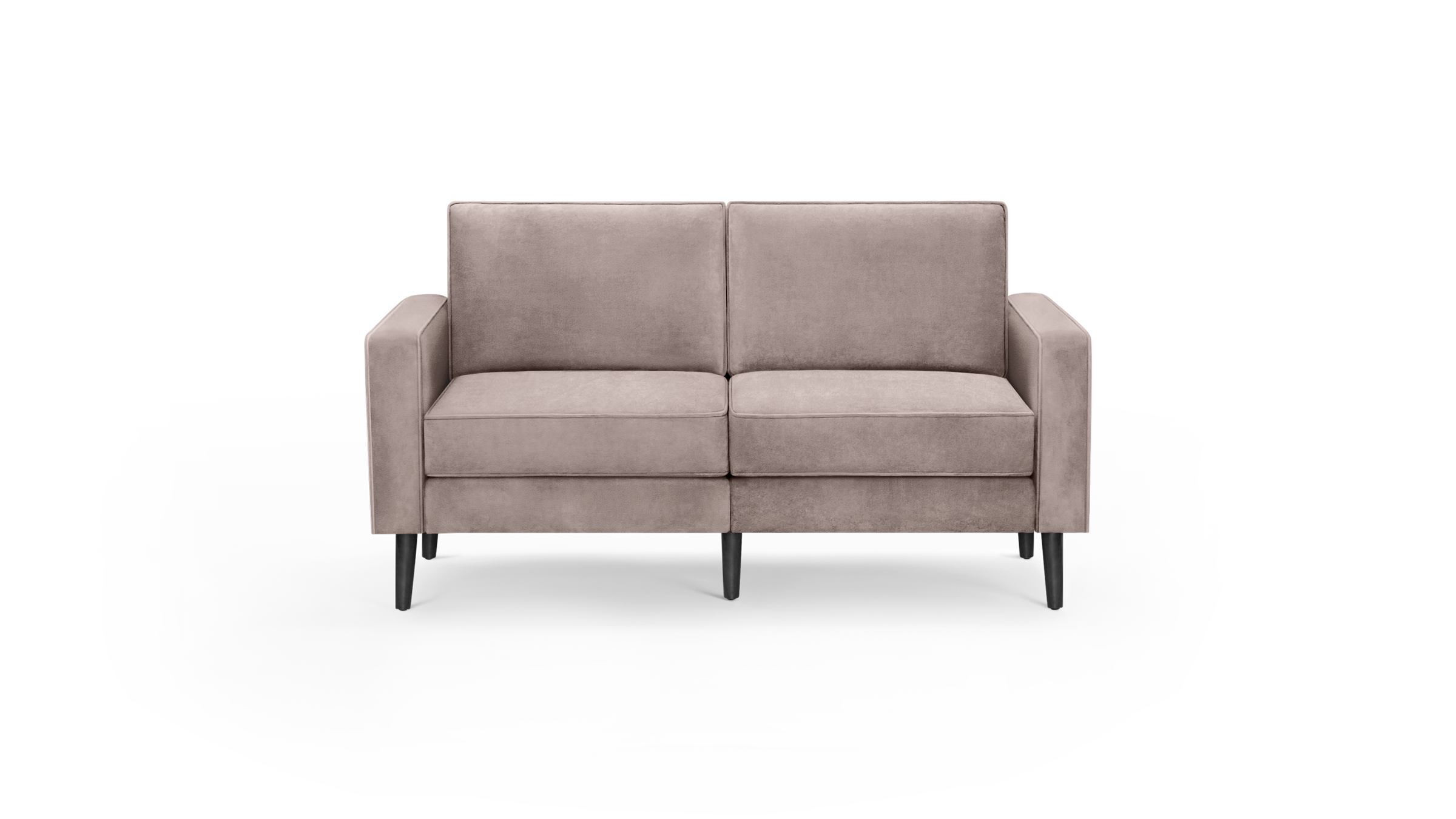 modern light pink velvet loveseat with black metal legs and sleek design on a black background