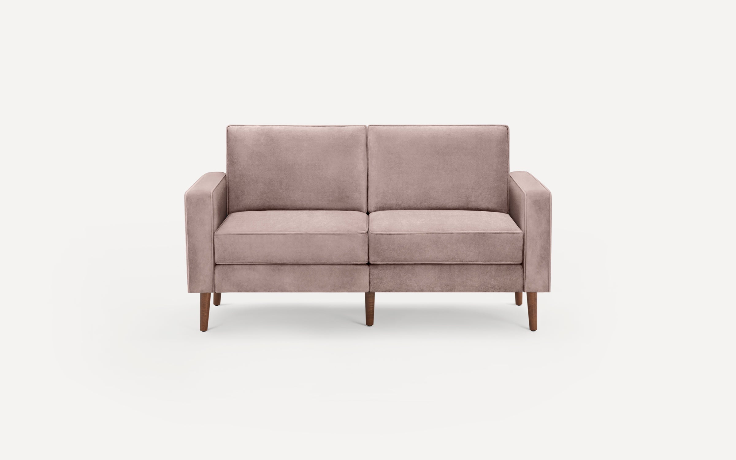 A modern two-seater sofa in soft mauve fabric with straight arms and tapered wooden legs on a white background.