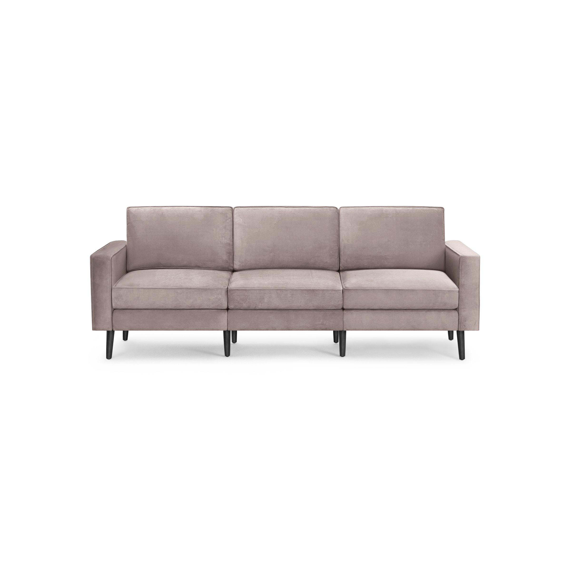 modern beige velvet sofa with black legs and a sleek design
