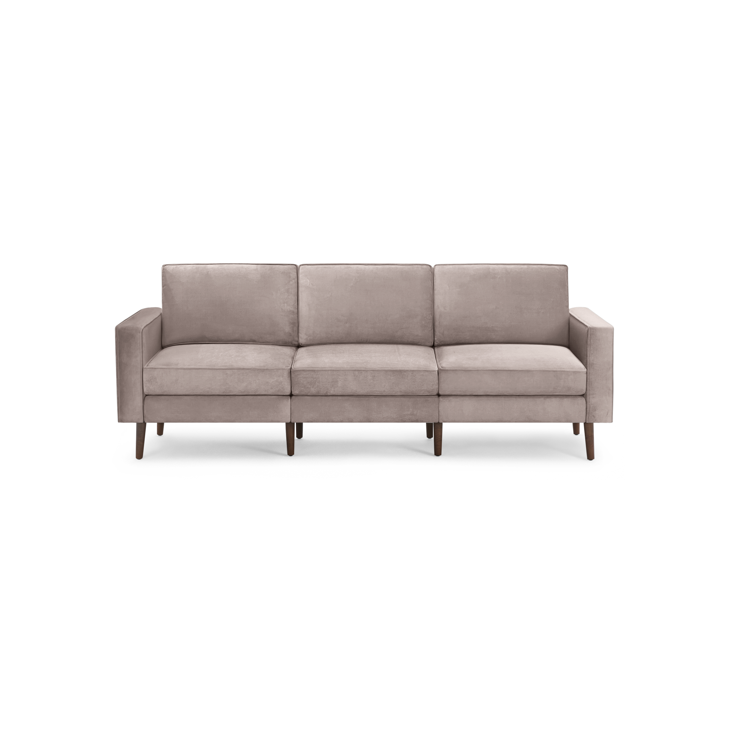 modern light pink velvet sofa with wooden legs and clean lines on the back, featuring a deep cushioned design and clean lines on the back