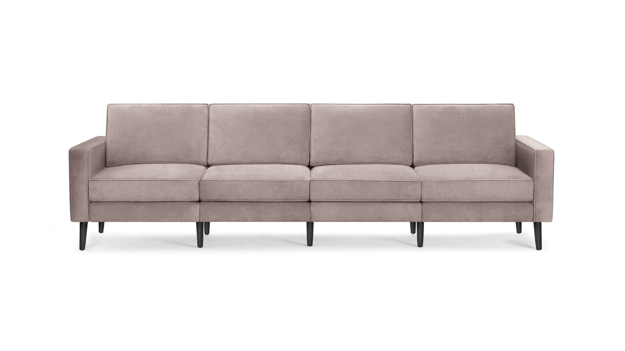 modern light pink velvet sofa with black metal legs and clean lines on the back, featuring a clean, minimalist design