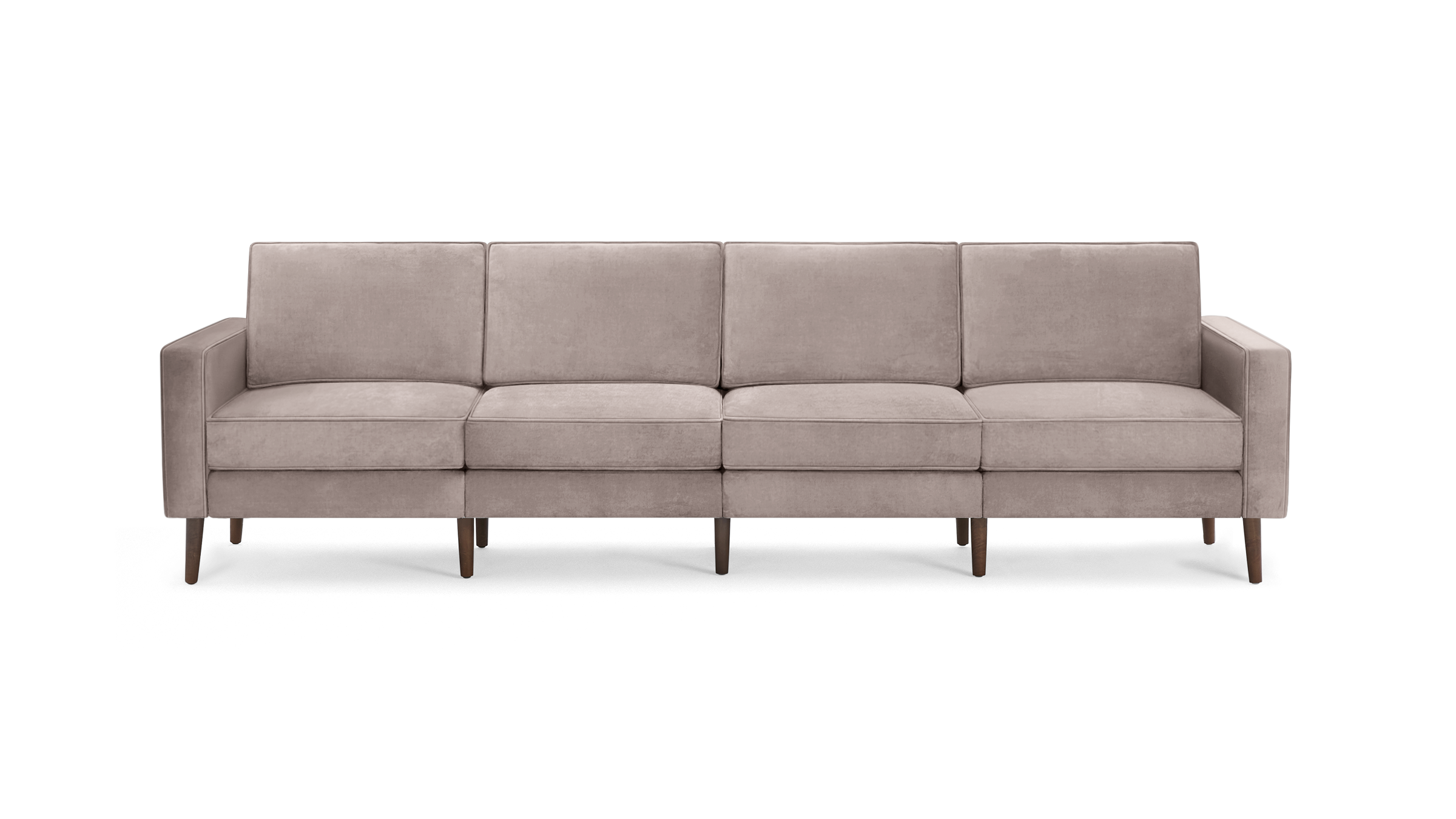 modern light pink velvet sofa with wooden legs and clean lines on the back, featuring a clean, minimalist design