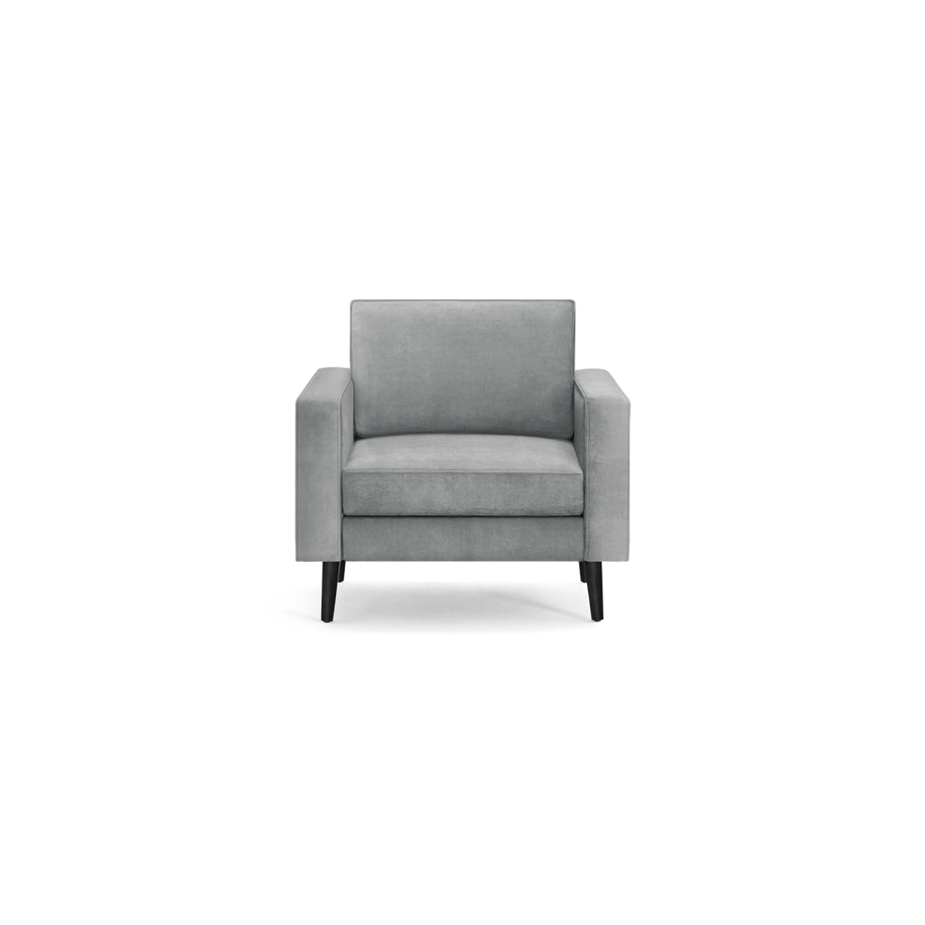 modern gray velvet armchair with black legs and wooden tapered backrests, featuring a sleek design and a sleek silhouette