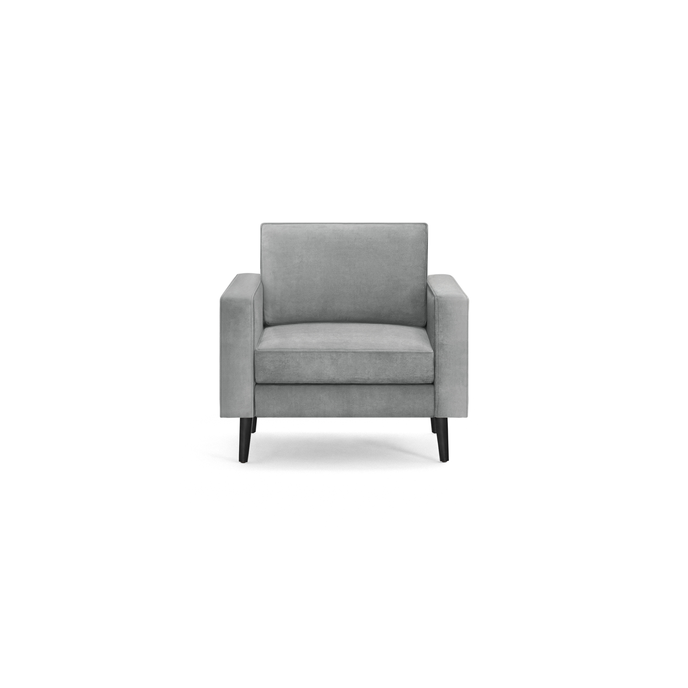 modern gray velvet armchair with black legs and wooden tapered backrests, featuring a sleek design and a sleek silhouette