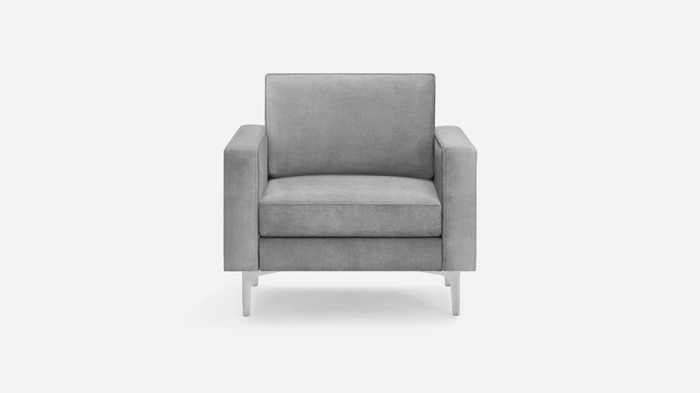 Front view of a modern gray upholstered armchair with straight arms and metal legs on a white background.