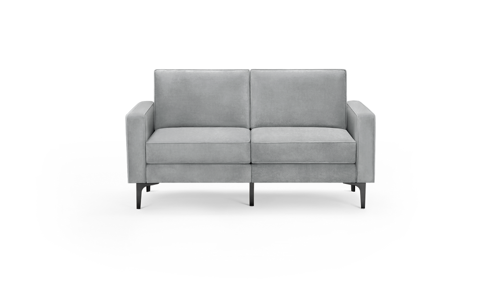 modern gray velvet loveseat with black legs and sleek design