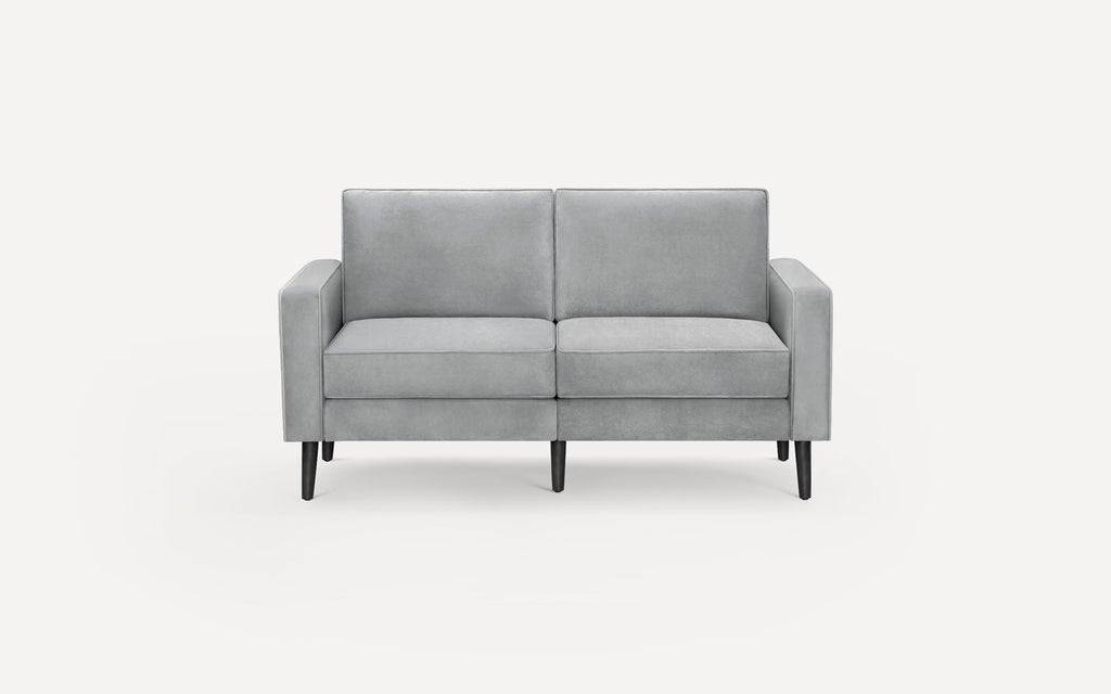 Modern light gray two-seater sofa with clean lines, slim armrests, and tapered dark wooden legs on a white background.