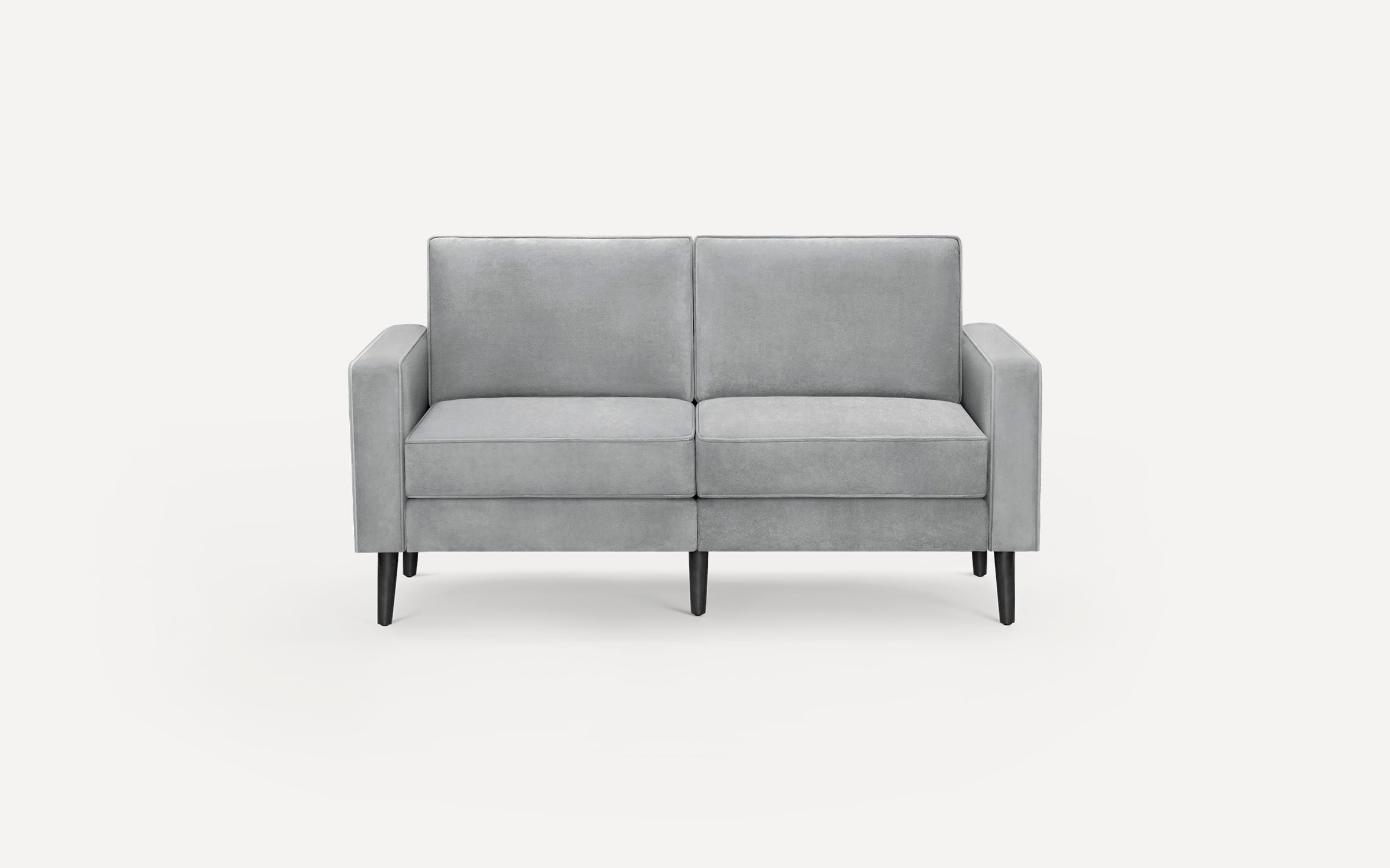 Modern light gray two-seater sofa with clean lines, slim armrests, and tapered dark wooden legs on a white background.