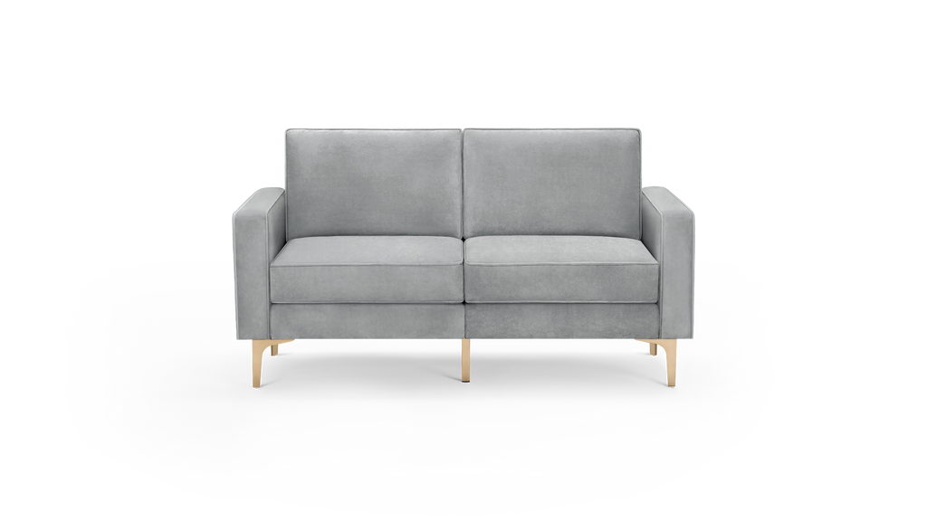 modern light gray velvet loveseat with wooden legs and tapered backrests, featuring a clean, modern design