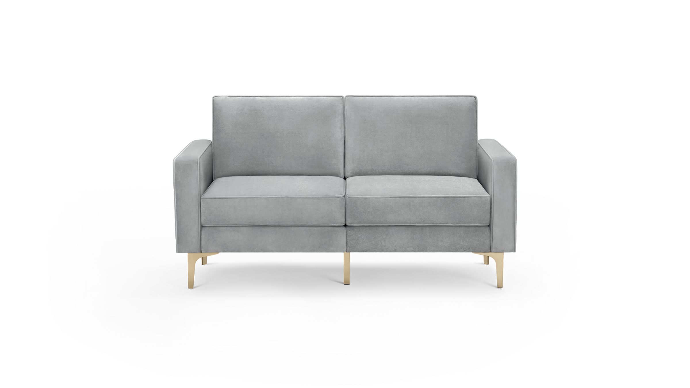 modern light gray velvet loveseat with wooden legs and tapered backrests, featuring a clean, modern design