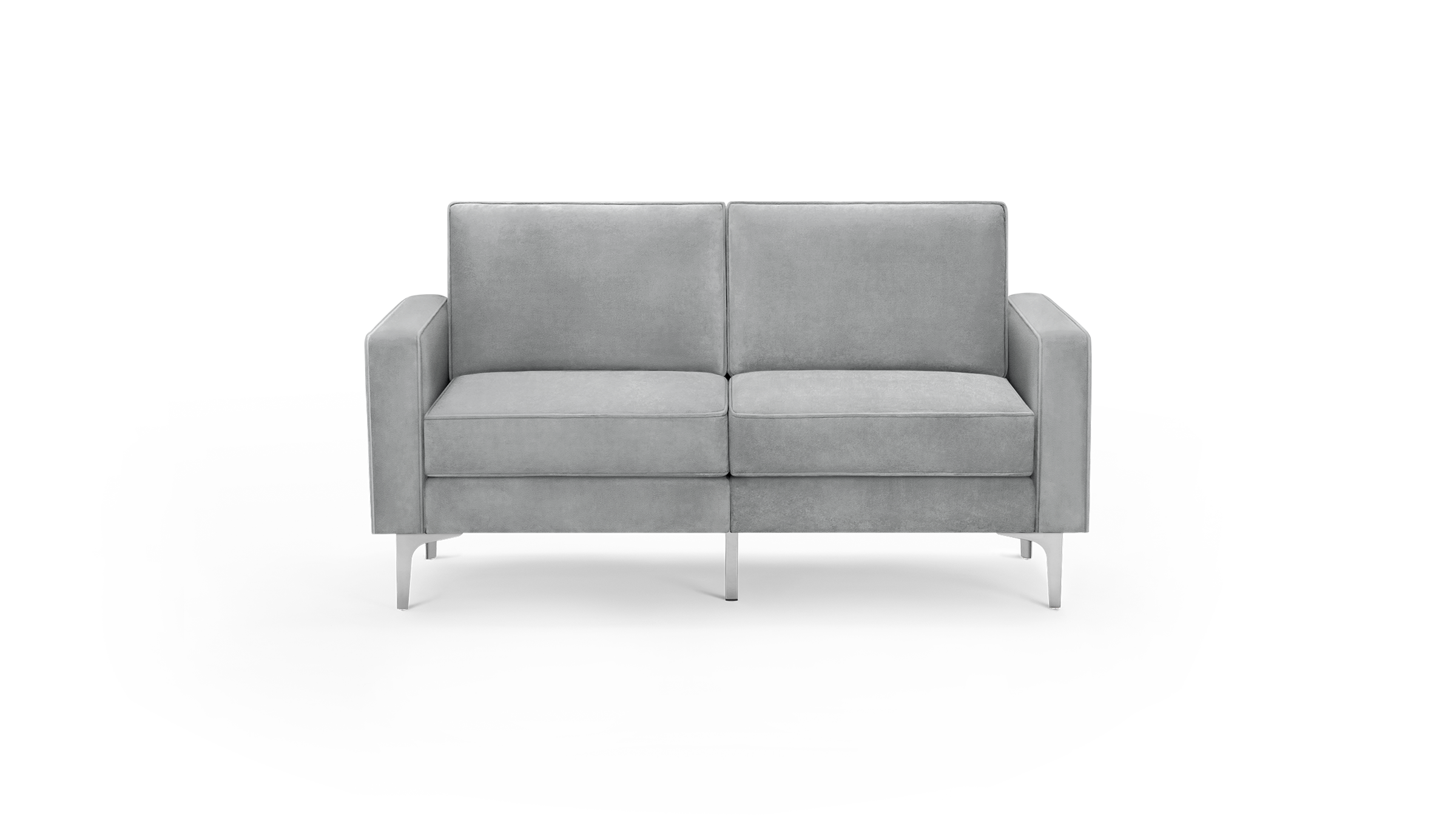 modern gray velvet loveseat with tapered armrests and tapered backrests, featuring a sleek design and sleek lines