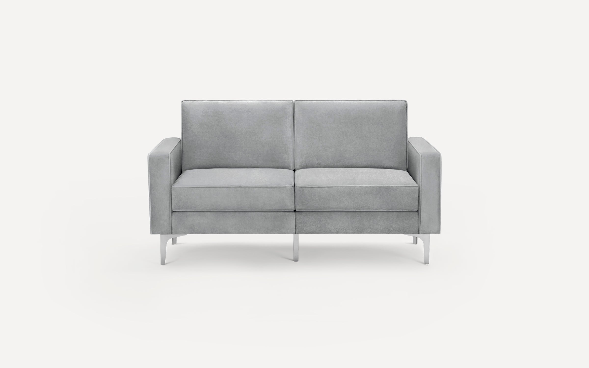 Modern light gray two-seater sofa with clean lines, cushioned seats, and metal legs on a plain white background.