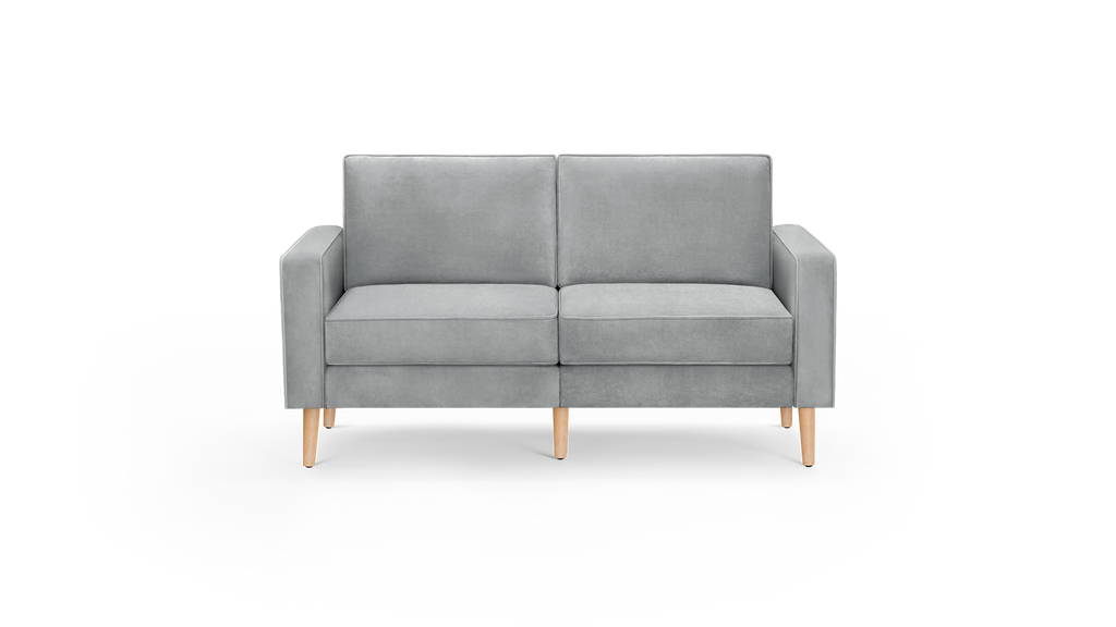 modern light gray velvet loveseat with wooden legs and tapered back cushions, featuring a clean, modern design