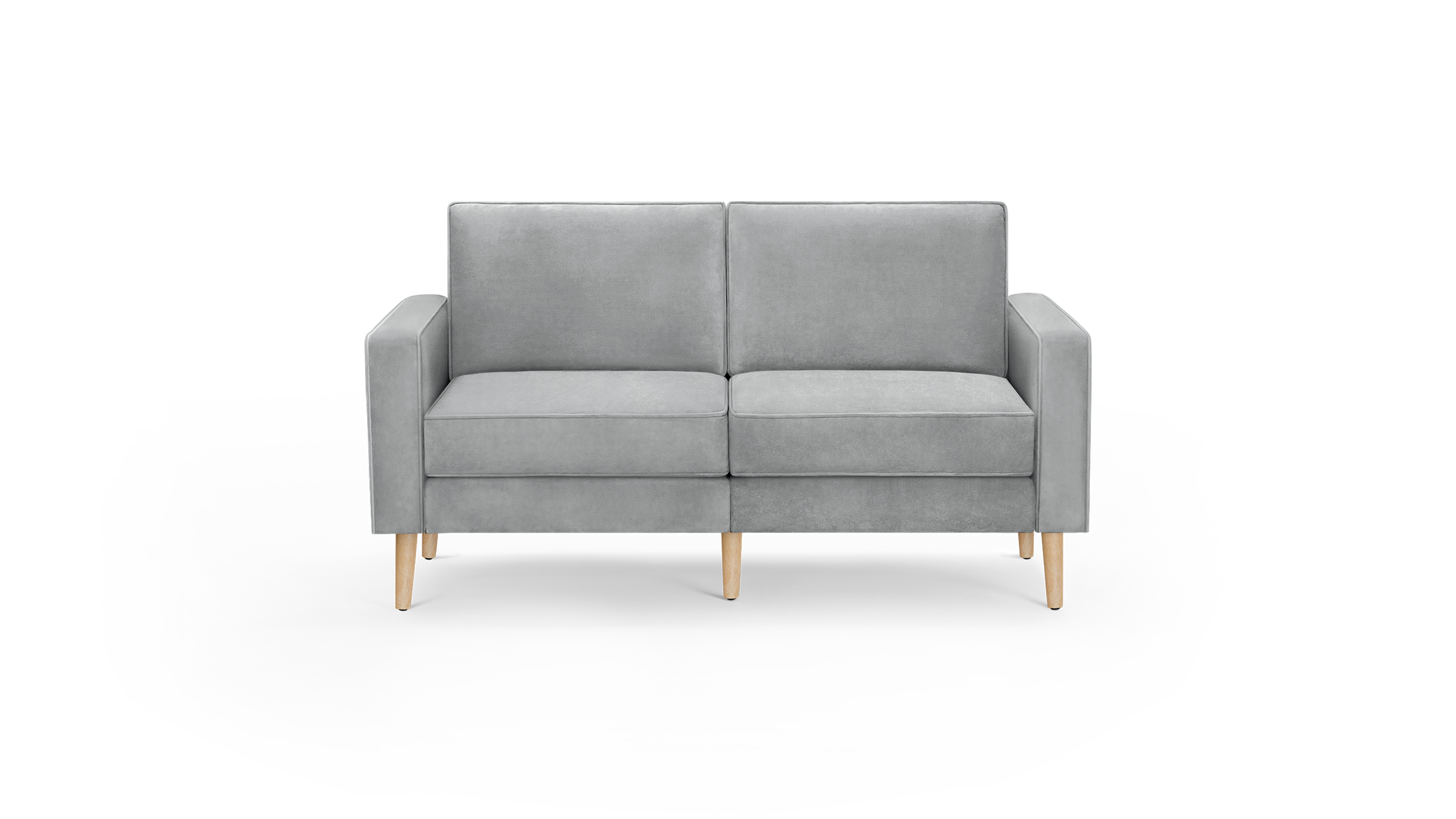 modern light gray velvet loveseat with wooden legs and tapered back cushions, featuring a clean, modern design