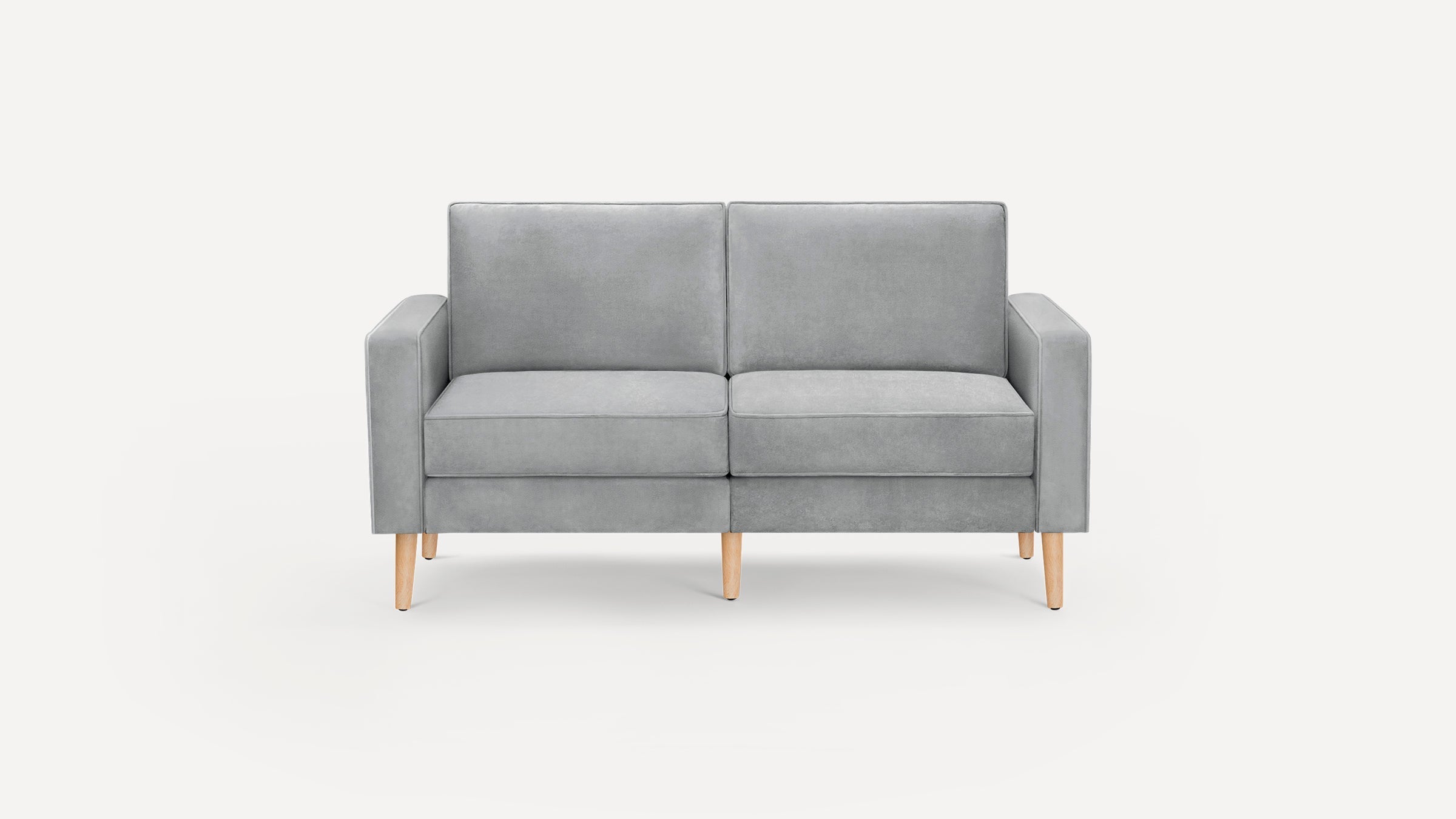 Modern two-seater sofa upholstered in light gray fabric with cushioned backrest, armrests, and wooden tapered legs.