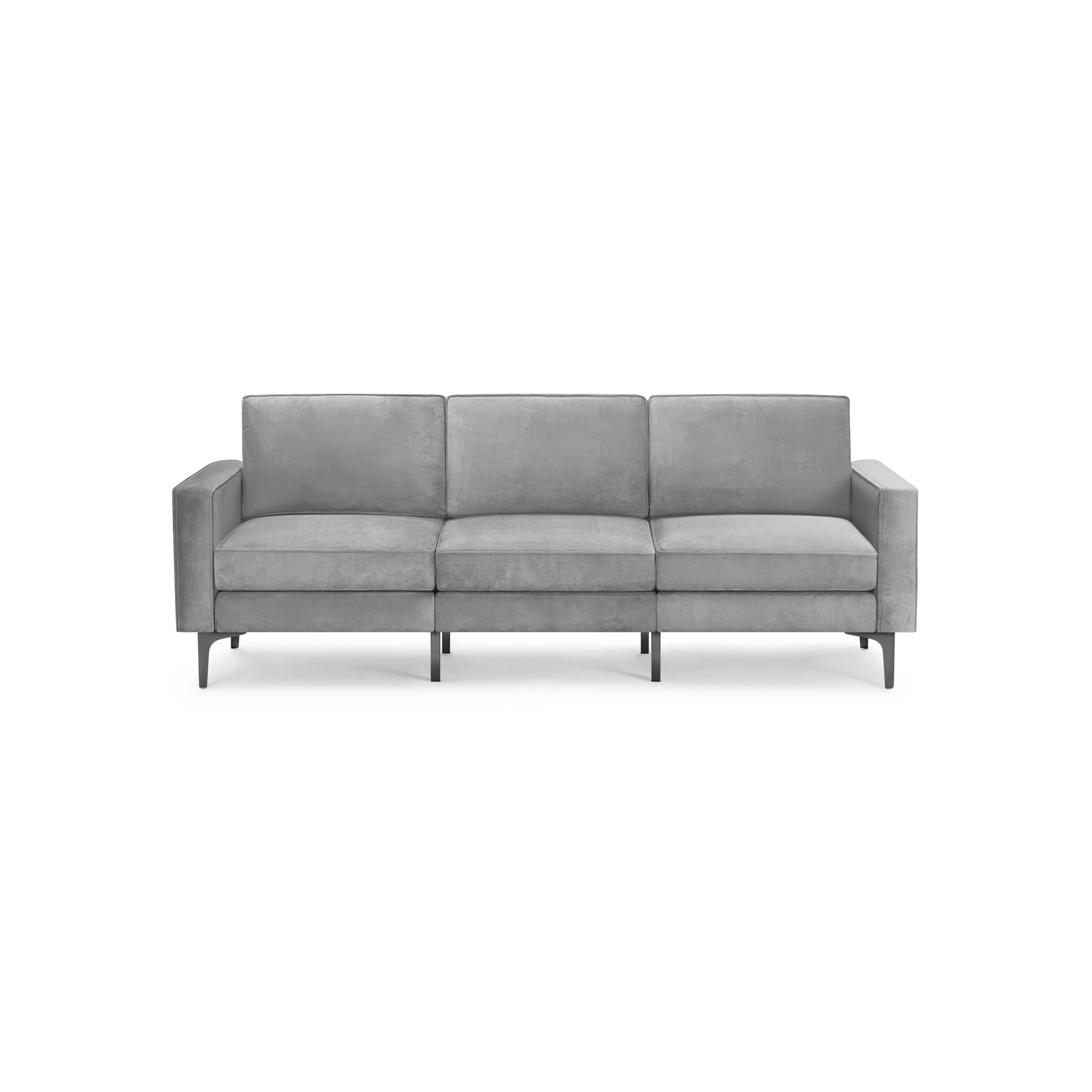 modern gray velvet sofa with black legs and back cushions