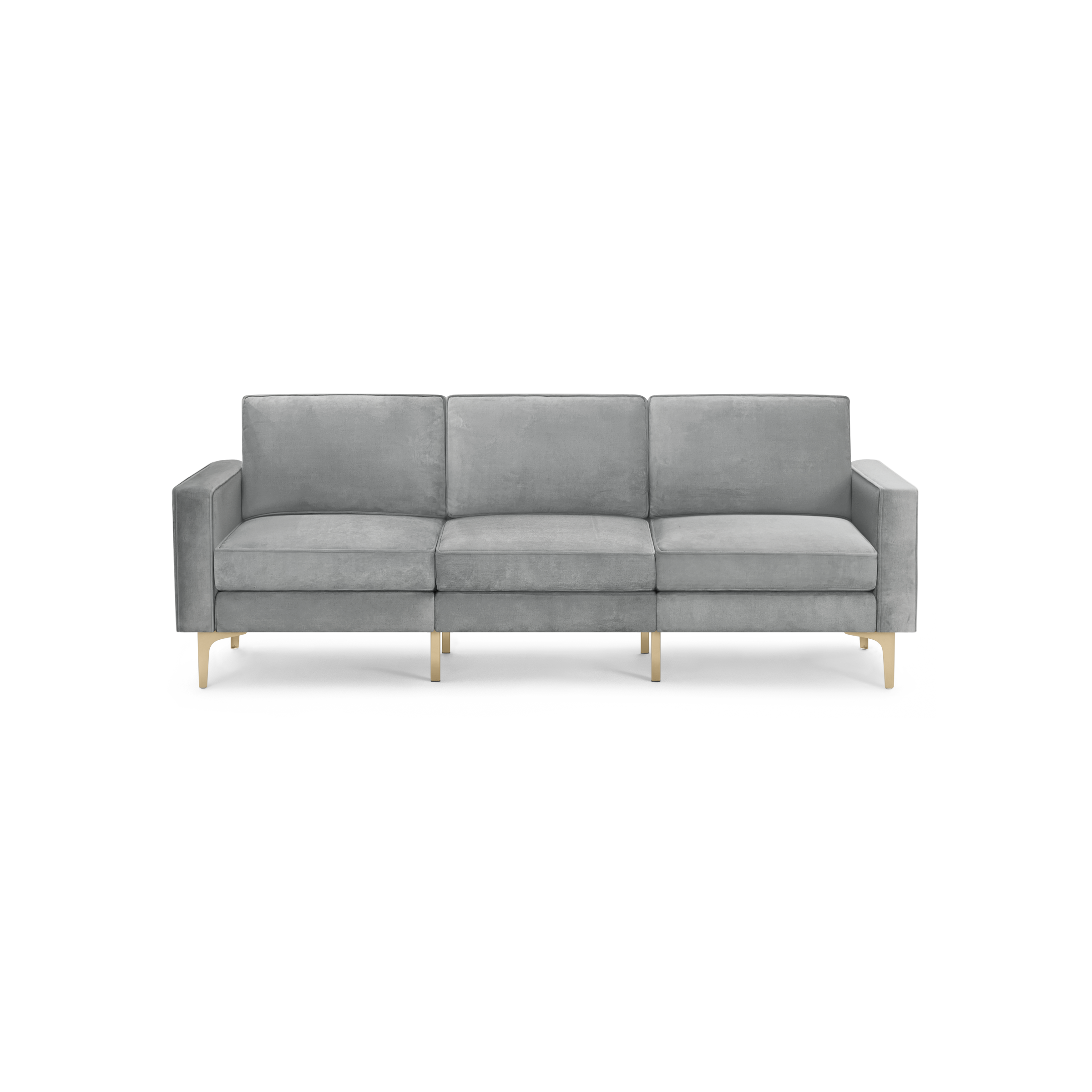 modern light gray velvet sofa with wooden legs and back cushions, featuring a sleek design and clean lines
