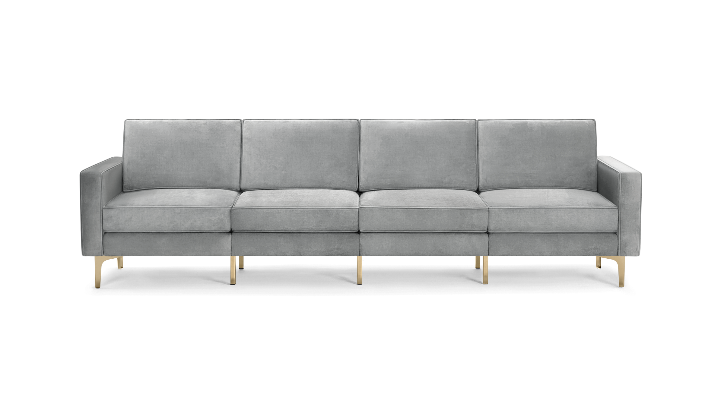 modern gray velvet sofa with gold metal legs and clean lines on the back, featuring a clean, modern design