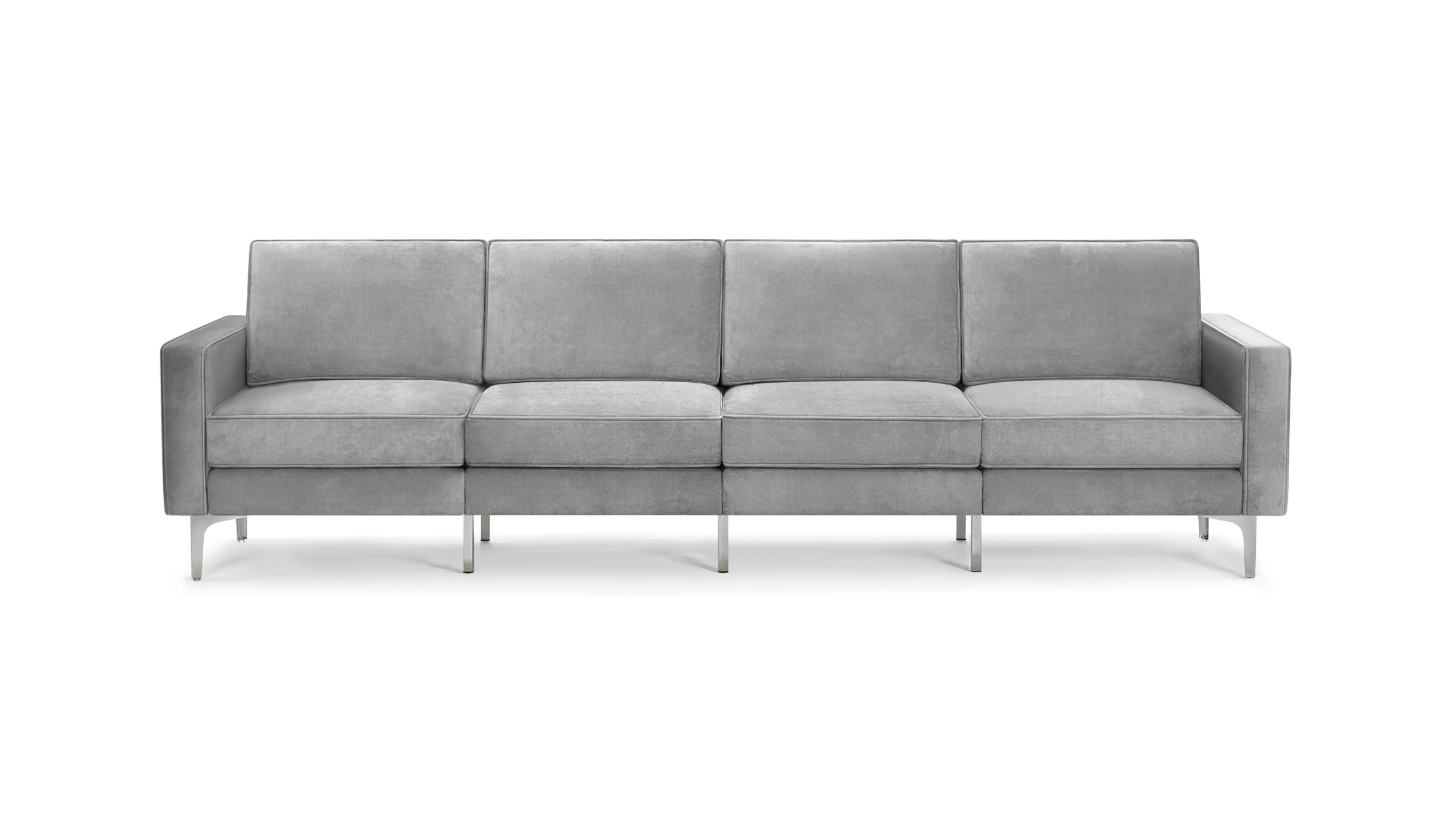 modern gray velvet sofa with chrome legs and clean lines on the back, featuring a sleek design and clean lines on the arms