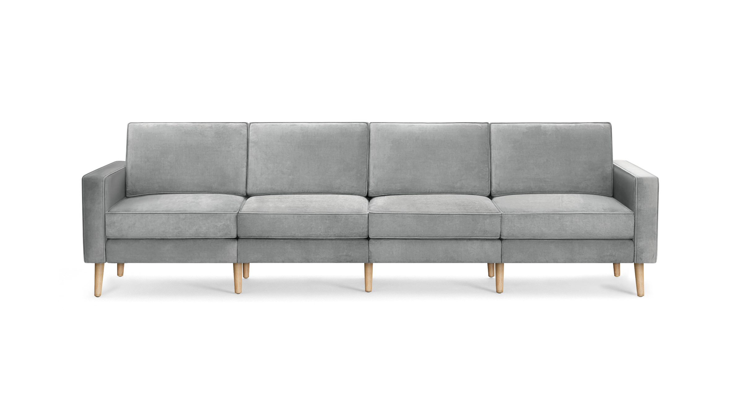 modern light gray velvet sofa with wooden legs and clean lines on the back, featuring a clean, modern design