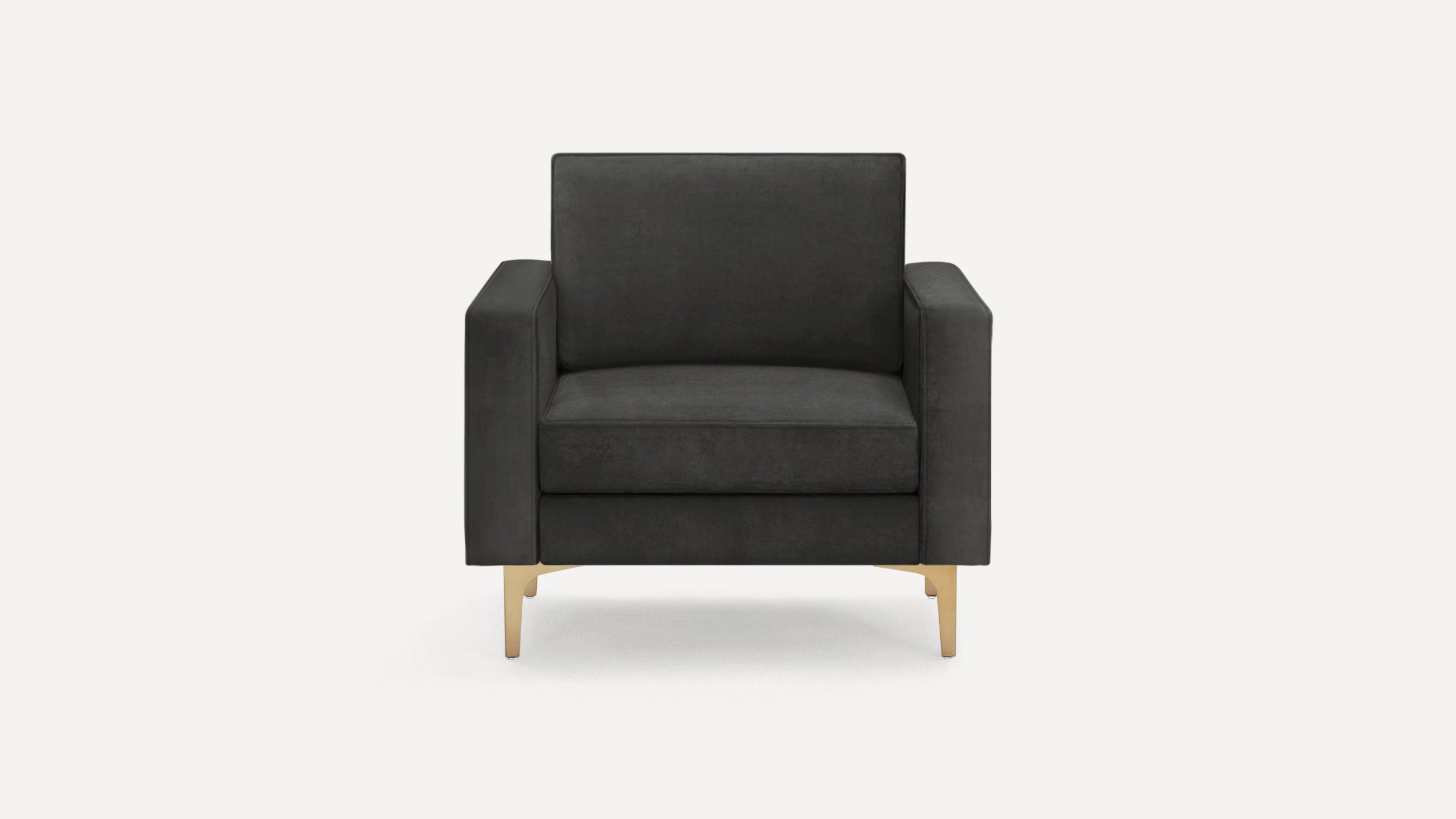 Modern dark gray upholstered armchair with clean lines and gold metal legs, shown from the front on a white background.