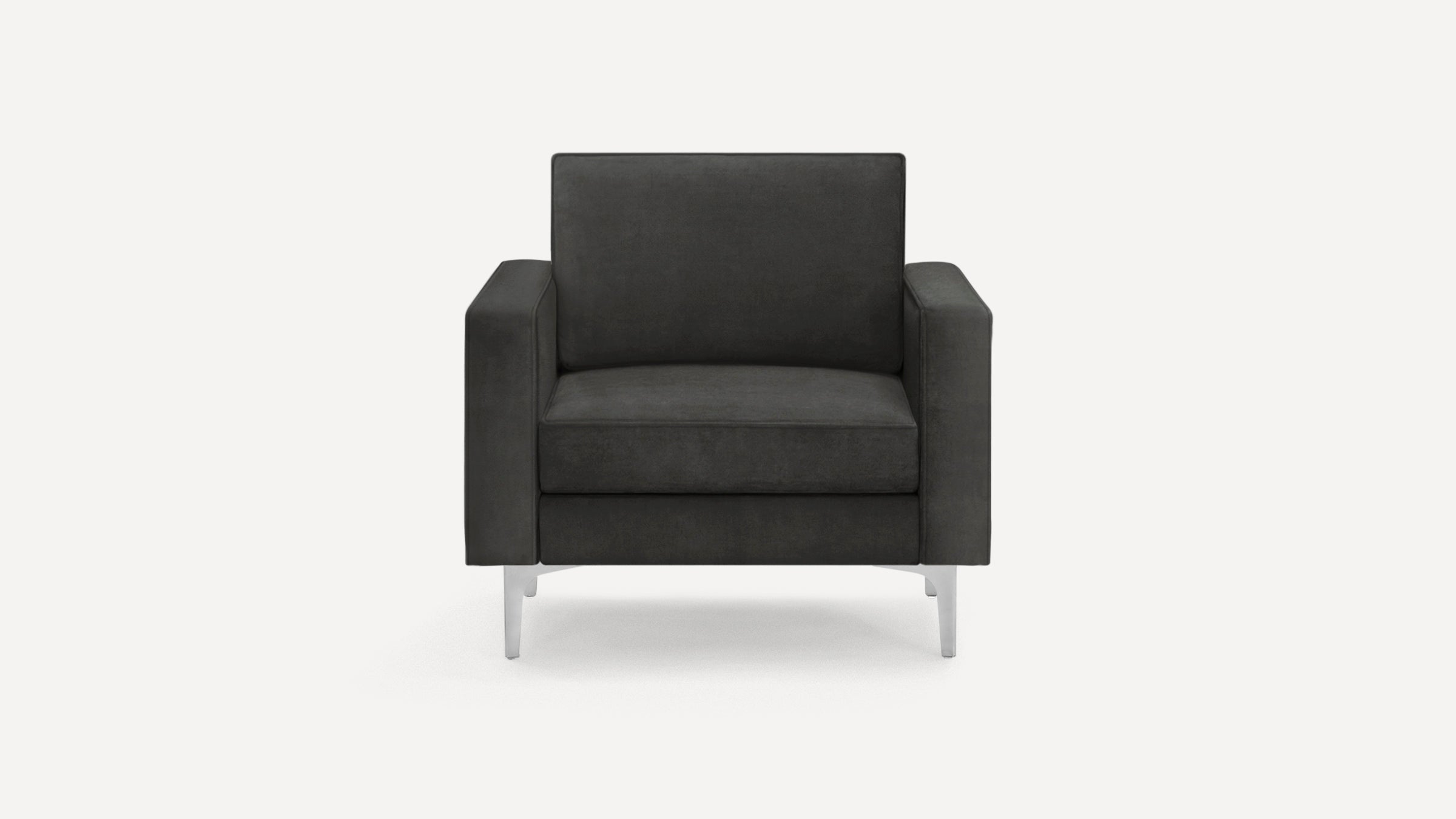 Modern dark gray armchair with straight armrests and angled silver metal legs, shown against a plain white background.