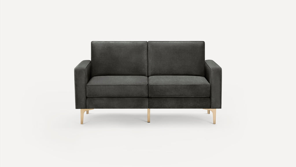 Modern dark gray two-seater sofa with clean lines, plush cushions, armrests, and light wooden angled legs on a white background.