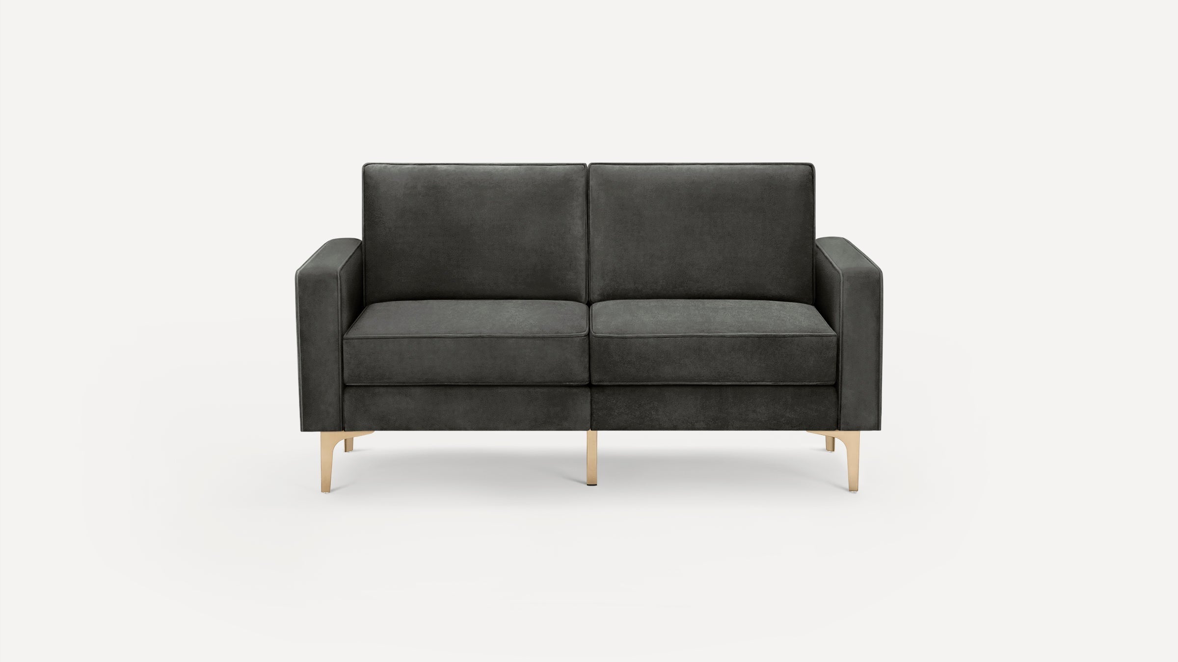 Modern dark gray two-seater sofa with clean lines, plush cushions, armrests, and light wooden angled legs on a white background.