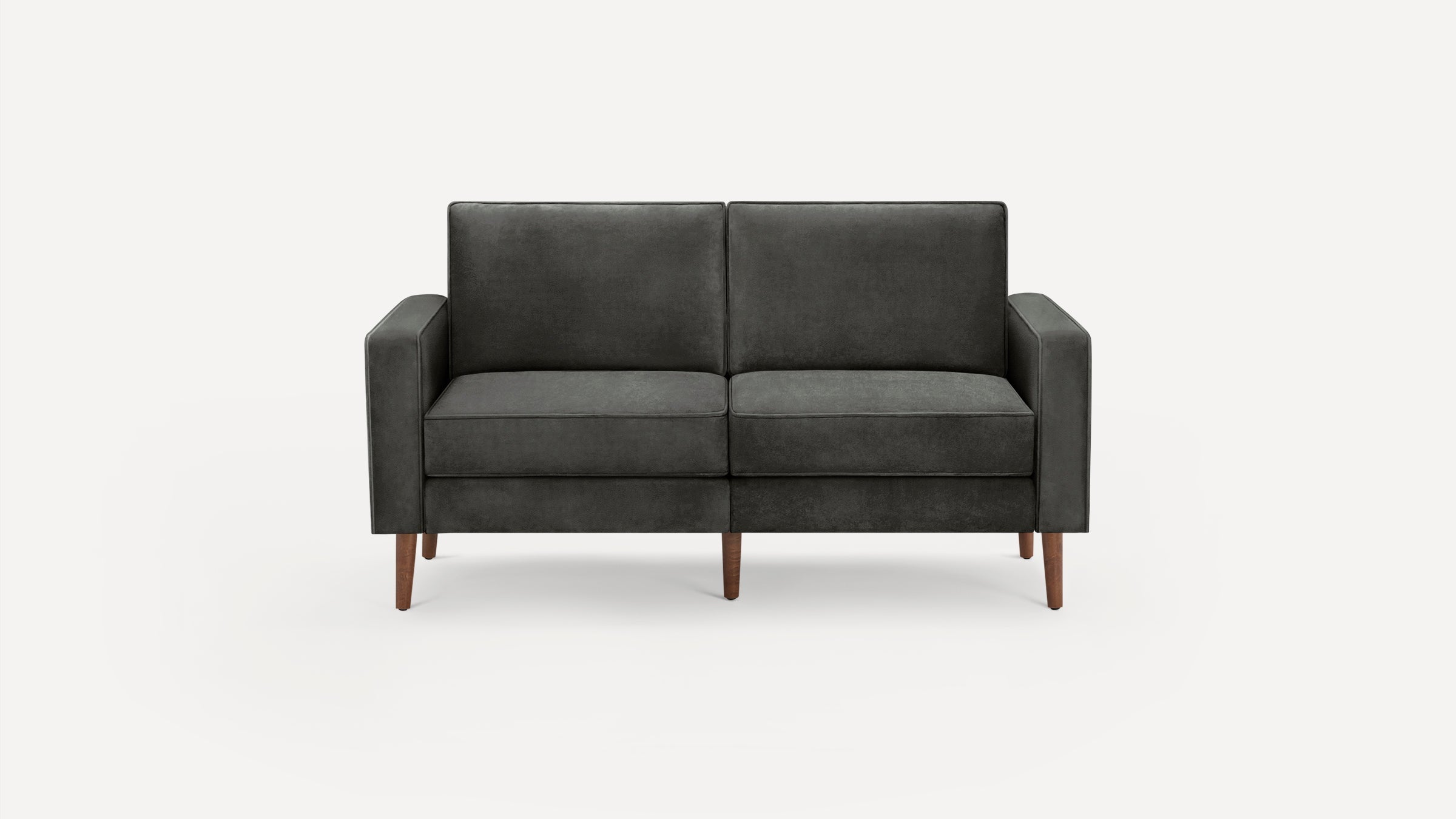 Modern dark gray two-seater sofa with clean lines, padded cushions, straight armrests, and wooden tapered legs against a white background.