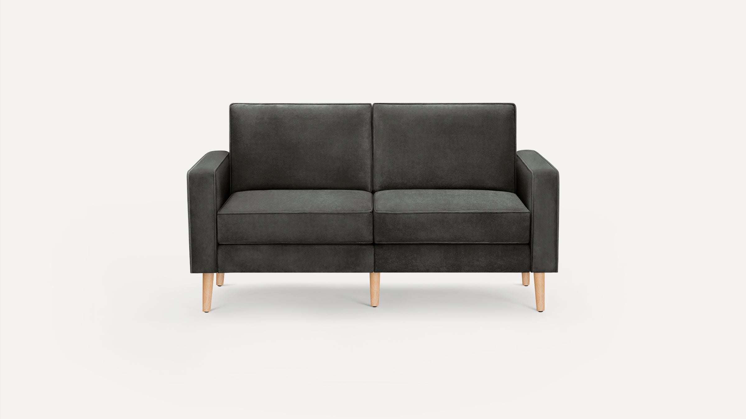 Modern dark gray two-seater sofa with clean lines and light wooden legs, set against a plain white background.